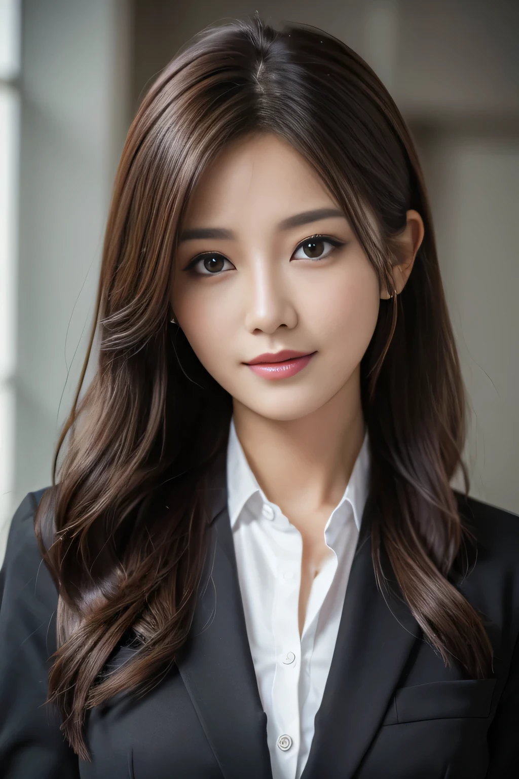 table top, highest quality, realistic, Super detailed, finely, High resolution, 8k wallpaper, 1 beautiful woman,, light brown messy hair, wearing a business suit, sharp focus, perfect dynamic composition, beautiful and detailed eyes, thin hair, Detailed realistic skin texture, smile, close-up portrait, model body shape