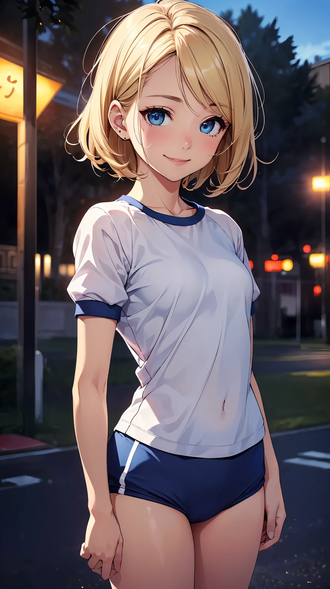 1womanl,Golden hair, beautiful breasts,(((white short sleeve gym uniform)),((Blue shorts、Smile with open mouth)),(((wet with sweat))),((( portlate))),Crowds,(()),((athletic field)),((())),outside of house,,Beautiful ponytail,(((white short sleeve gym uniformから透けて見える黒色のセクシーなブラジャー)))(())