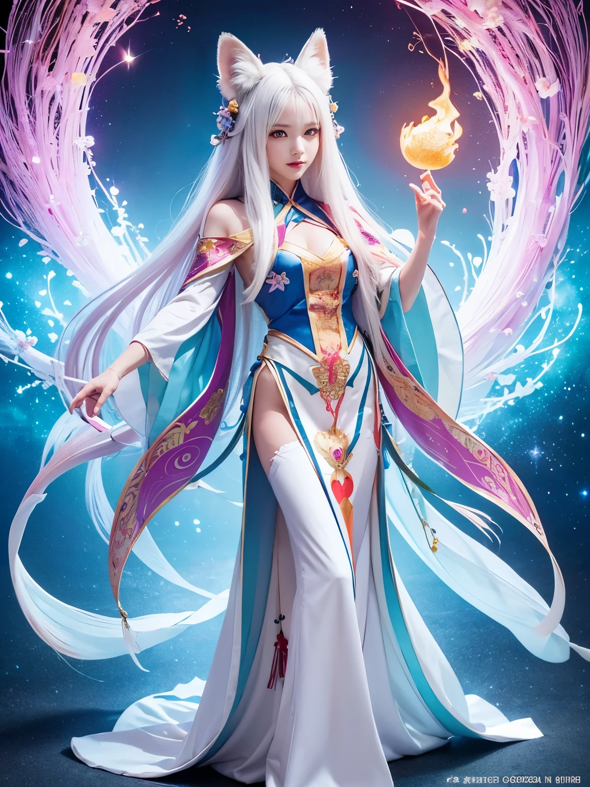 nine-tailed foxの前に座す狐の女王､(absurdly ,high quality , Super detailed,(See photographer ),(fox god,nine-tailed fox) ,beautiful long white hair，Costumes with detailed, beautiful and colorful patterns