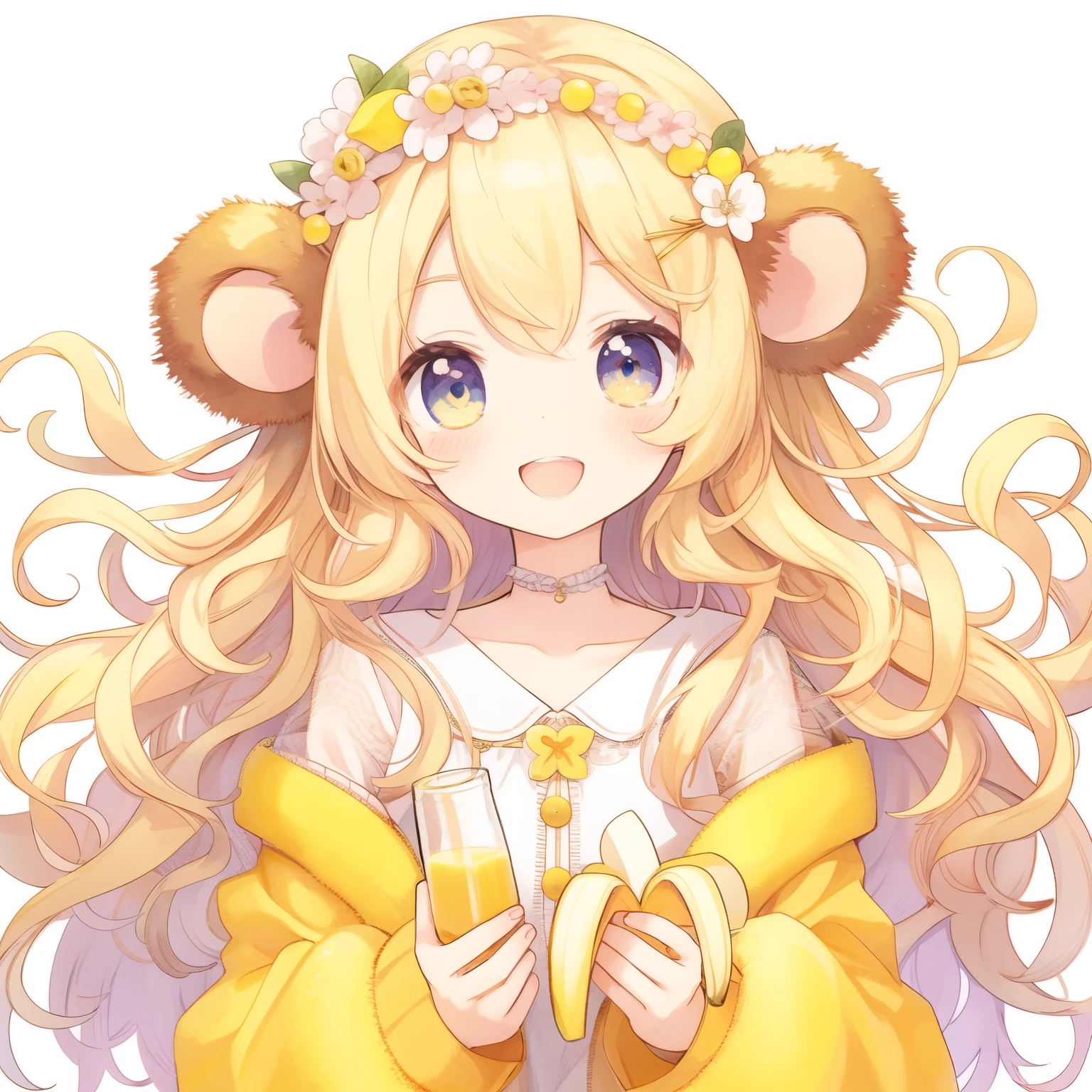 anime girl with long blonde hair holding a banana and wearing a yellow dress, [anime girl with long yellow hair and monkey ears holding a banana, pastel watercolor anime、fullbody,contrapposto, transparent watercolor、girl、jewel eyes、beautiful arrangements and motifs、written boundary depth、flat avatar, 1girl, smile, light yellow hair((Monkey ears wavy hair growing on the head))、The tips of the monkey’s ears are yellow、yellow object、yellow hair tips, Fashionable design clothes((yellow and white)),background white, cute girl、Yellow theme、Banana juice、a lot of bananas、banana hair ornament、anime visual of a cute girl, with long floppy monkey ears, with banana, cute anime girl, official art, (anime girl), anime girl with long hair, cute anime, anime wallaper, pixiv style, cute anime style, official illustration, high quality anime artstyle, cute anime girl portraits🐿🍸🍋, cute anime girl, 🍸🍋, blonde anime girl with long hair, anime goddess, goldilocks, anime moe artstyle, marin kitagawa fanart, anime visual of a cute girl, blonde - haired princess, small curvy , beautiful sunflower anime girl