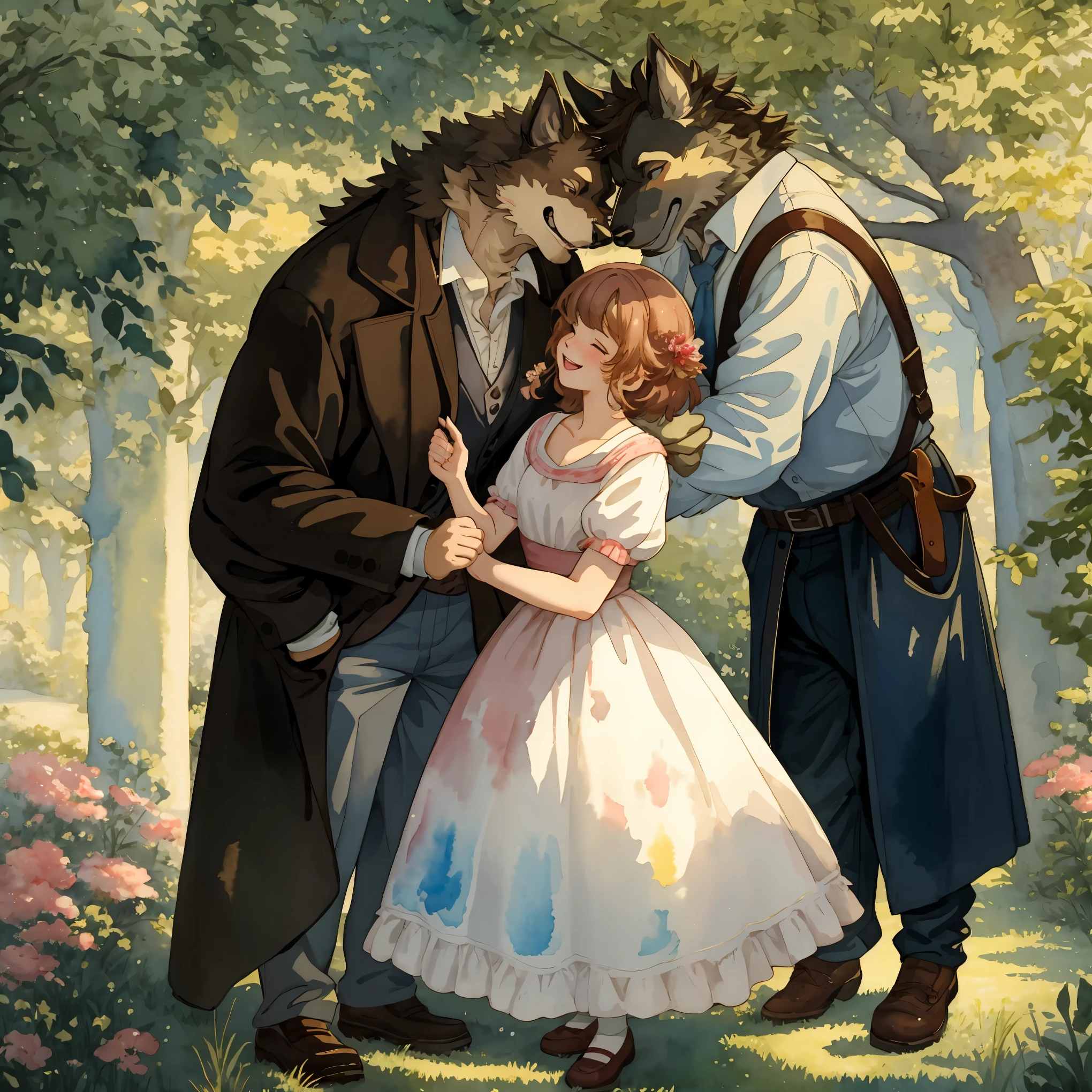 watercolor, soft color, Vintage images, highres, unparalleled masterpiece, absurdres, love story of human girl and giant Werewolf, love romance, Detectives and assistants, family photograph, pair, Height difference, Physical difference, perfect anatomy, smile, joyful, play with, smile, happy, watercolor,