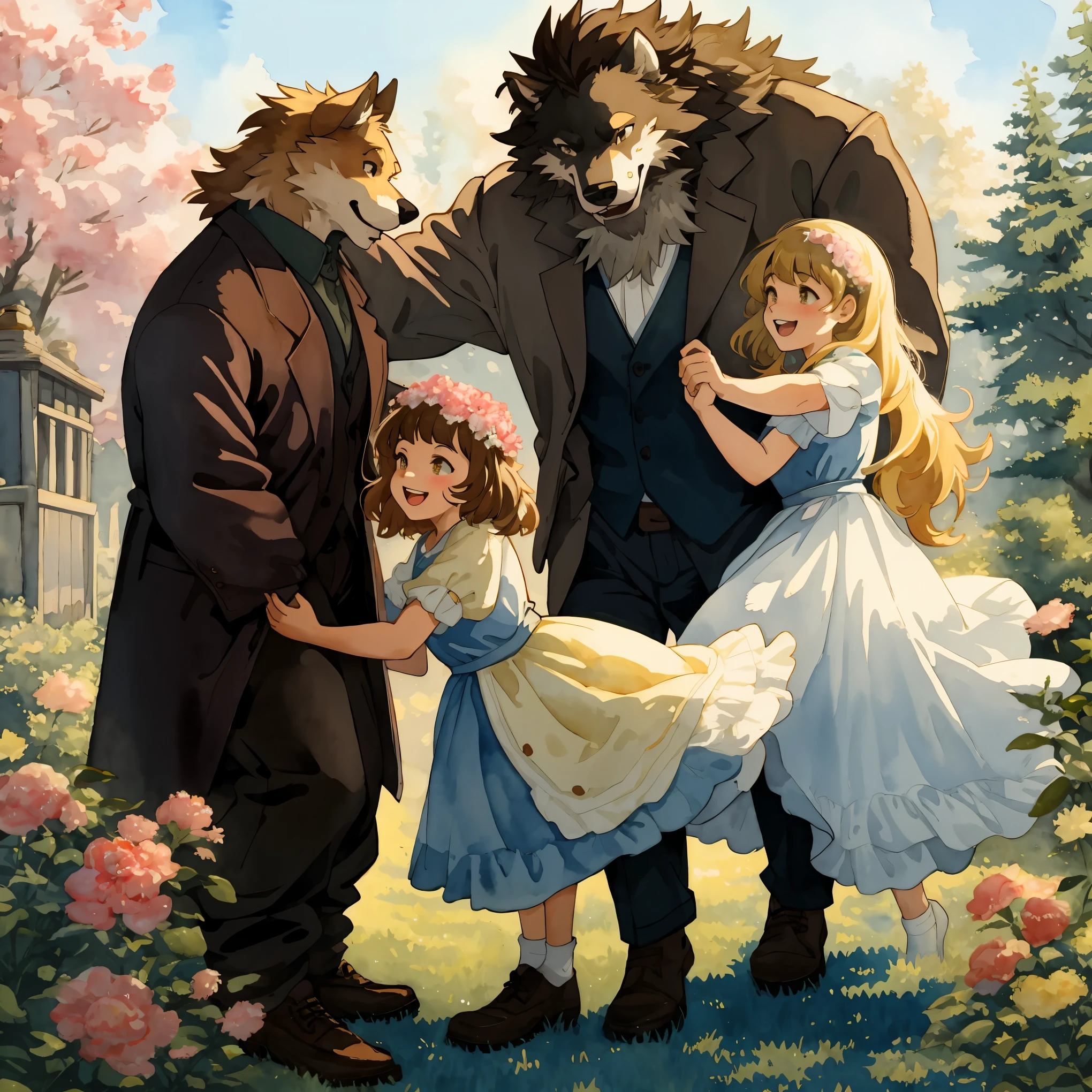 watercolor, soft color, Vintage images, highres, unparalleled masterpiece, absurdres, love story of human  girl and giant Werewolf, love romance, Detectives and assistants, family photograph, pair, Height difference, Physical difference, perfect anatomy, smile, joyful, play with, smile, happy, watercolor,