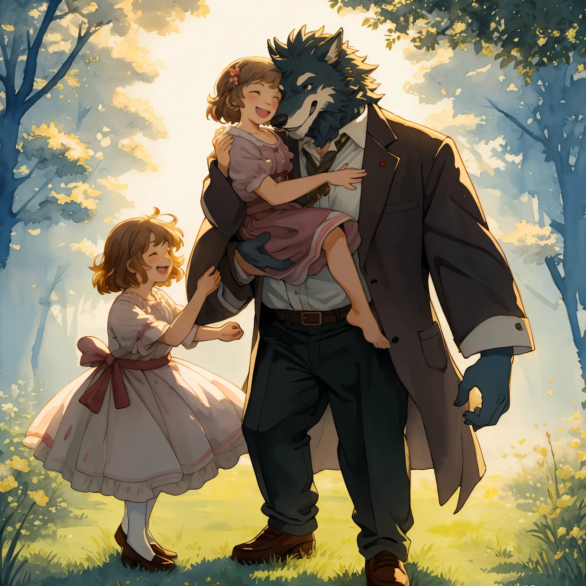 watercolor, soft color, Vintage images, highres, unparalleled masterpiece, absurdres, love story of human  girl and giant Werewolf, love romance, Detectives and assistants, family photograph, pair, Height difference, Physical difference, perfect anatomy, smile, joyful, play with, smile, happy, watercolor,