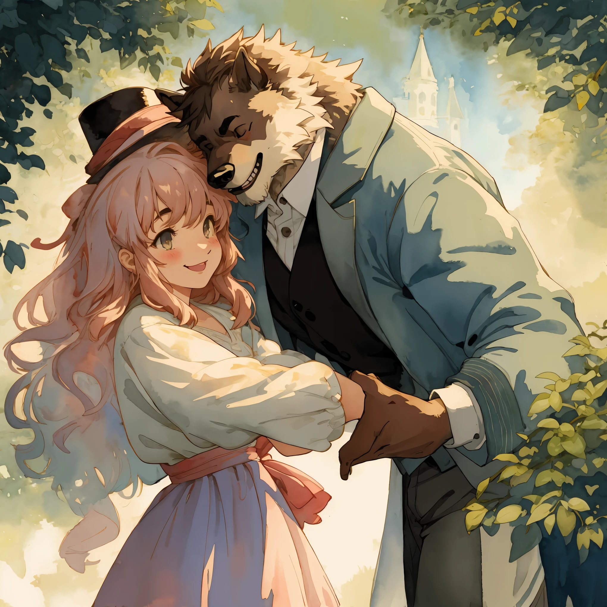watercolor, soft color, Vintage images, highres, unparalleled masterpiece, absurdres, love story of human  girl and giant Werewolf, love romance, Detectives and assistants, family photograph, pair, Height difference, Physical difference, perfect anatomy, smile, joyful, play with, smile, happy, watercolor,