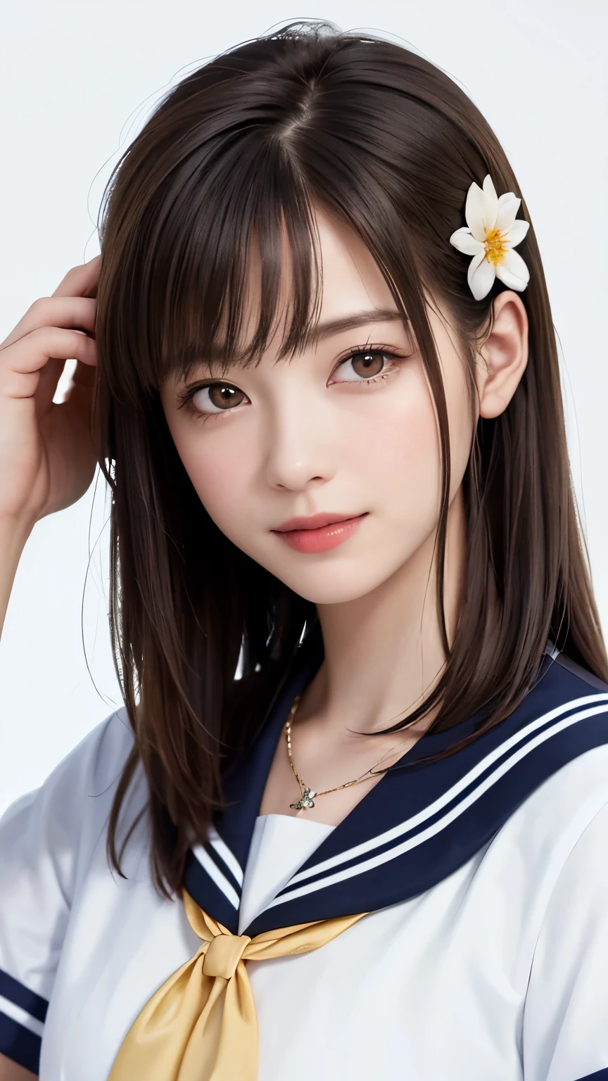 (highest quality、8k、32K、masterpiece)、(RAW photo)、(realistic)、(Photoreal:1.2)、(High resolution)、Super detailed、very beautiful face and eyes、1 girl、round and small face、thin waist、delicate body、(highest quality、high detail、rich skin details)、(highest quality、8k、oil paint:1.2)、Super detailed、(realistic、realistic:1.37)、bright colors、(((golden hair)))、(((blonde hair)))、(((stylish hairstyle)))、(((Upper body)))、(((white background)))、(((pure white wall background)))、(((wearing a sailor uniform)))、(((pure white wall background)))、(((It is a sailor suit with short sleeves)))、(((It is a gentle smile)))、(((laughing)))、(((wearing a flower-shaped necklace)))、(((I&#39;m patting myself on the head)))、(((I'm blonde)))、(((The ribbon on the chest is red)))、(((touching my head)))