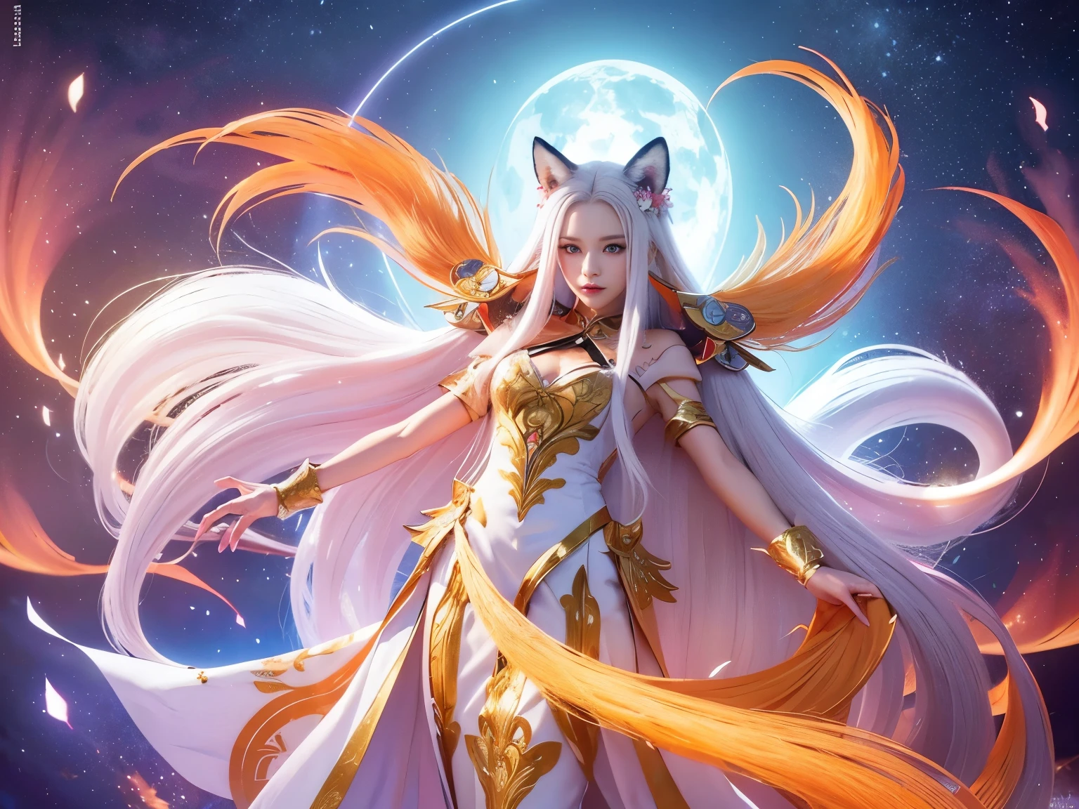 nine-tailed foxの前に座す狐の女王、(absurdly ,high quality , Super detailed,(See photographer ),(fox god,nine-tailed fox) ,beautiful long white hair,Costumes with detailed, beautiful and colorful patterns