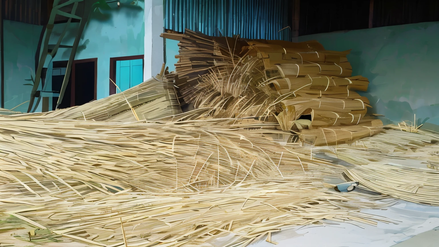 there is a pile of RATTAN that is sitting on the ground, thatched roof, thatched roofs, straw, cane, made of bamboo, limbs made from vines, a huge, wicker art, bamboo huts, shot on canon camera, of bamboo, bamboo, flax, dried palm trees, hut, striking composition, harvest, dry grass, slightly smooth