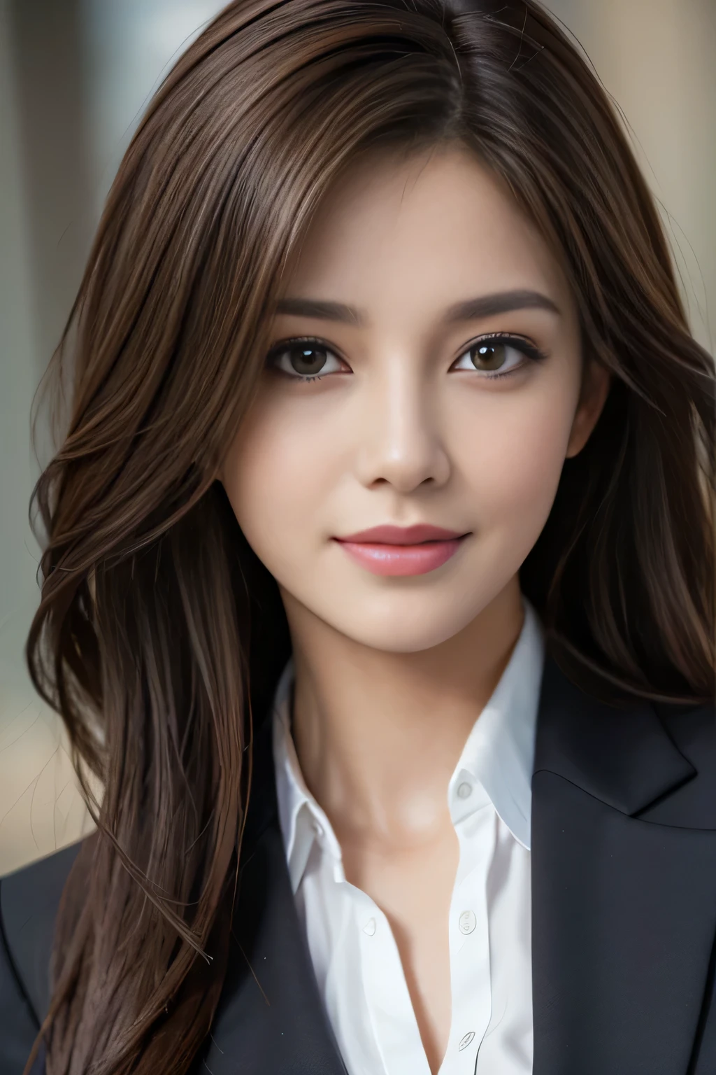 table top, highest quality, realistic, Super detailed, finely, High resolution, 8k wallpaper, 1 beautiful woman,, light brown messy hair, wearing a business suit, sharp focus, perfect dynamic composition, beautiful and detailed eyes, thin hair, Detailed realistic skin texture, smile, close-up portrait, model body shape