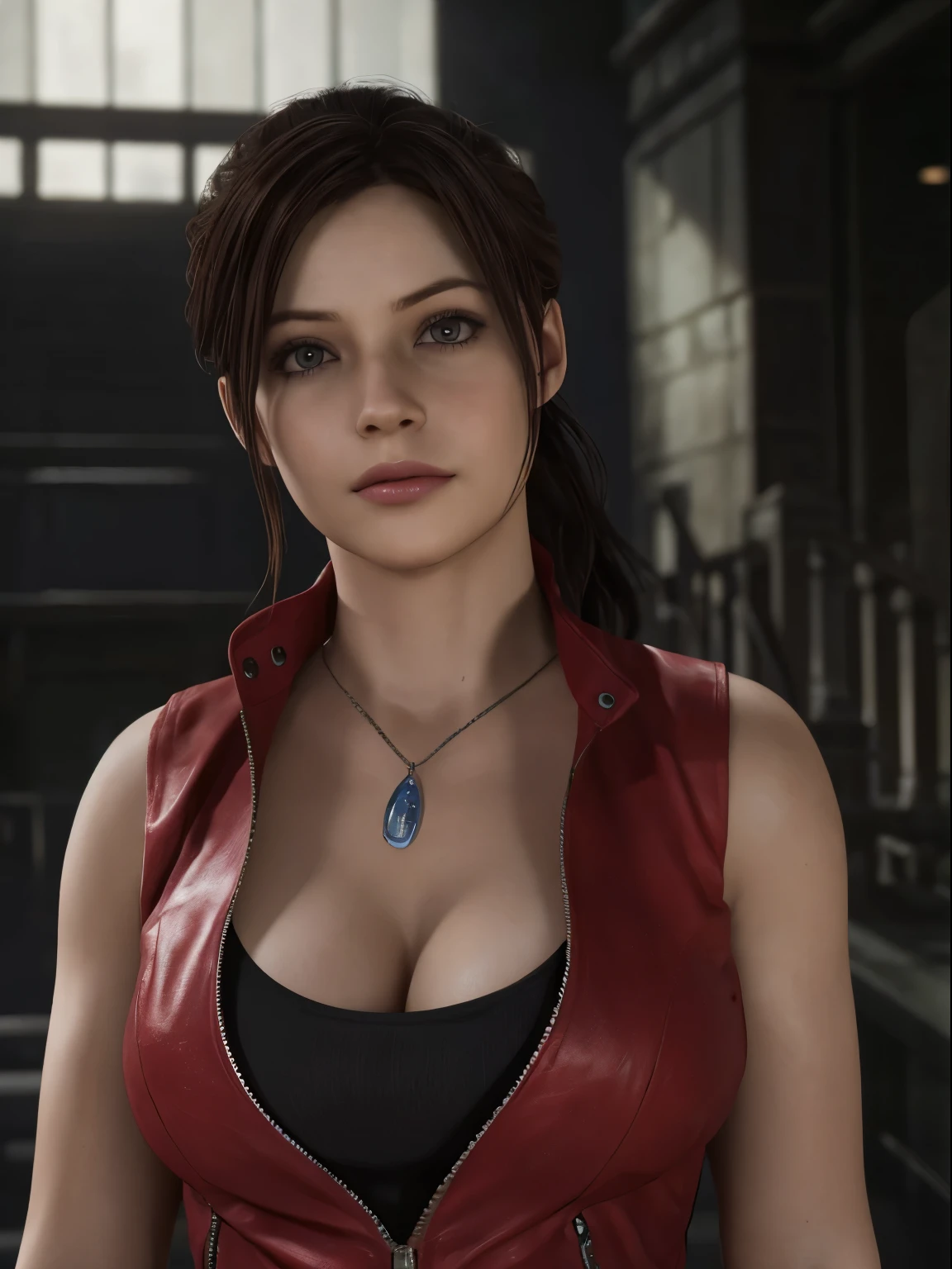 Claire Redfield, {{master part, best quality, CG extremamente detalhado, Unity 8k papel de parede, Cinematic lighting}},  1girl, Mulher nova, corpo inteiro, dia ensolarado, belos olhos detalhados, (seios grandes, clivagem), Bunda redonda, looking up at the audience, long eyelashes