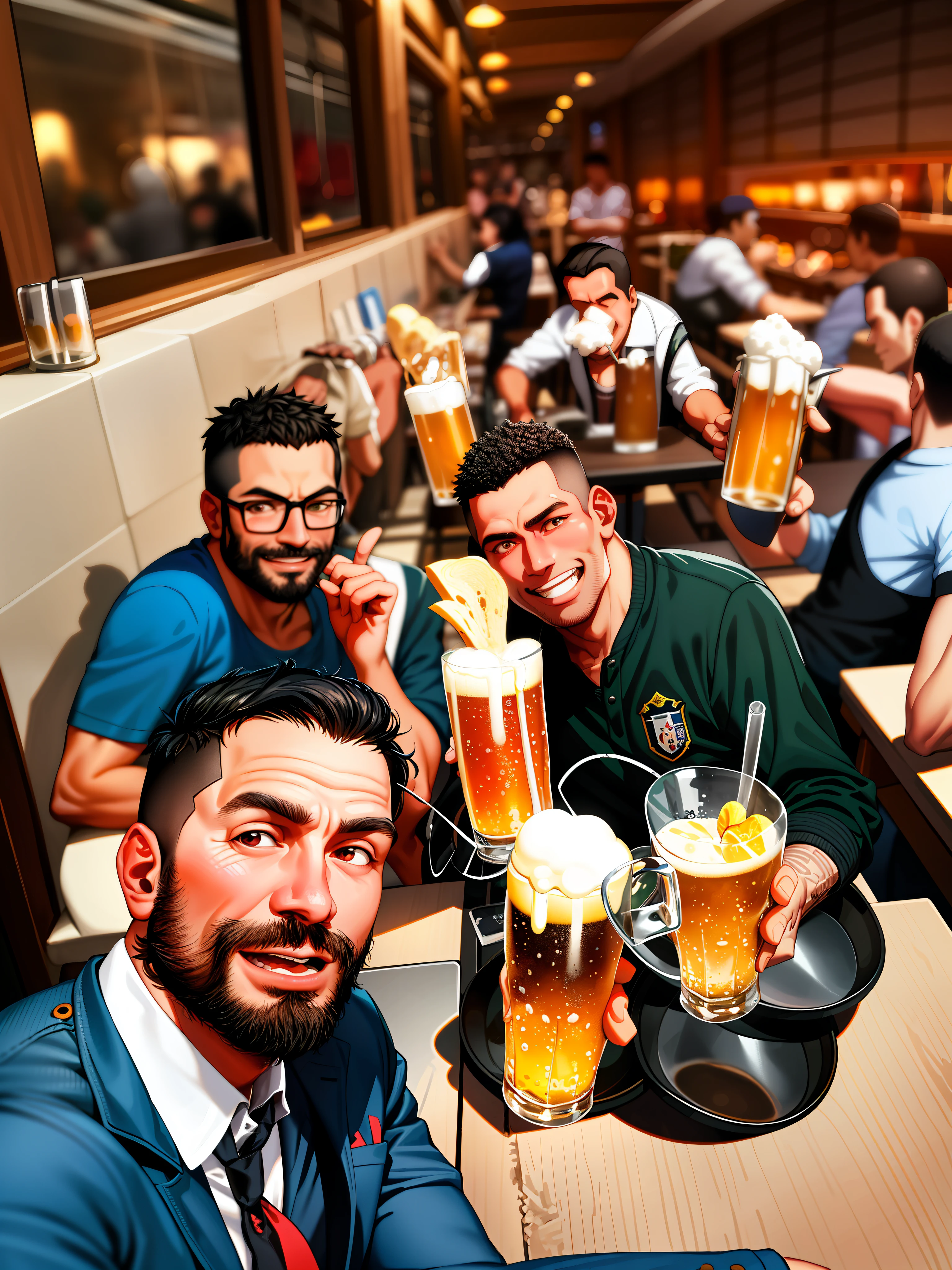 varios hombres sentados en una mesa con cerveza y vasos de cerveza, In São Paulo, ganando, by Nándor Katona, Salud, people bebering beer, No borroso, beber, noche, San Pablo, Ronaldo Luis Nazario y Lima, foto de perfil, ebrio, no recortado, by Luis Miranda, sosteniendo una cerveza!!, 3 cabezas, en instagram