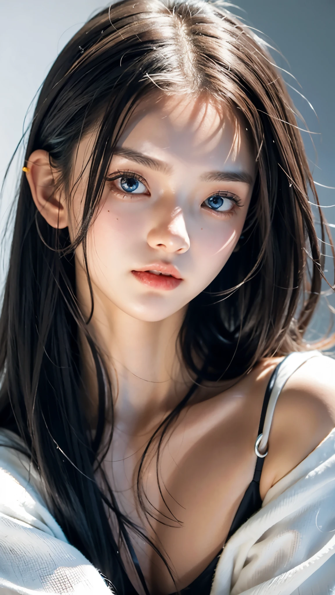 Best Quality, Realistic, (brown short hair girl), with fair skin and seductive blue-eyes, damp skin, detailed face, huge eyes, very small face, detailed eyes, big and beautiful eyes, Double eyelid, Glossy eyes, (Wearing Monotone shorts), Adopt a curvaceous posture, damp skin, daily、in a cyberpunk city, with a high ponytail and small breasts, Wet udder、wet breasts、small soft breasts、bold exposure、wet skin、damp skin、captivate your audience、leaning forward、Adopt a curvaceous posture, Blurred background