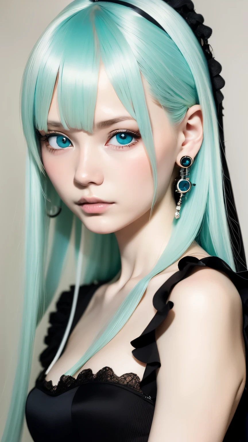 hair ornaments、earrings、tattoo、goth_punk, 1 girl, alone,、highest quality, realistic, Super delicate illustration, beautiful and attractive anime girl, miku hatsune, slender body, tied hair, one girl, girl pictures, full body shot, beautiful blue eyes, looked back,ear nipple rings、hair ornaments、gem、miku hatsune、