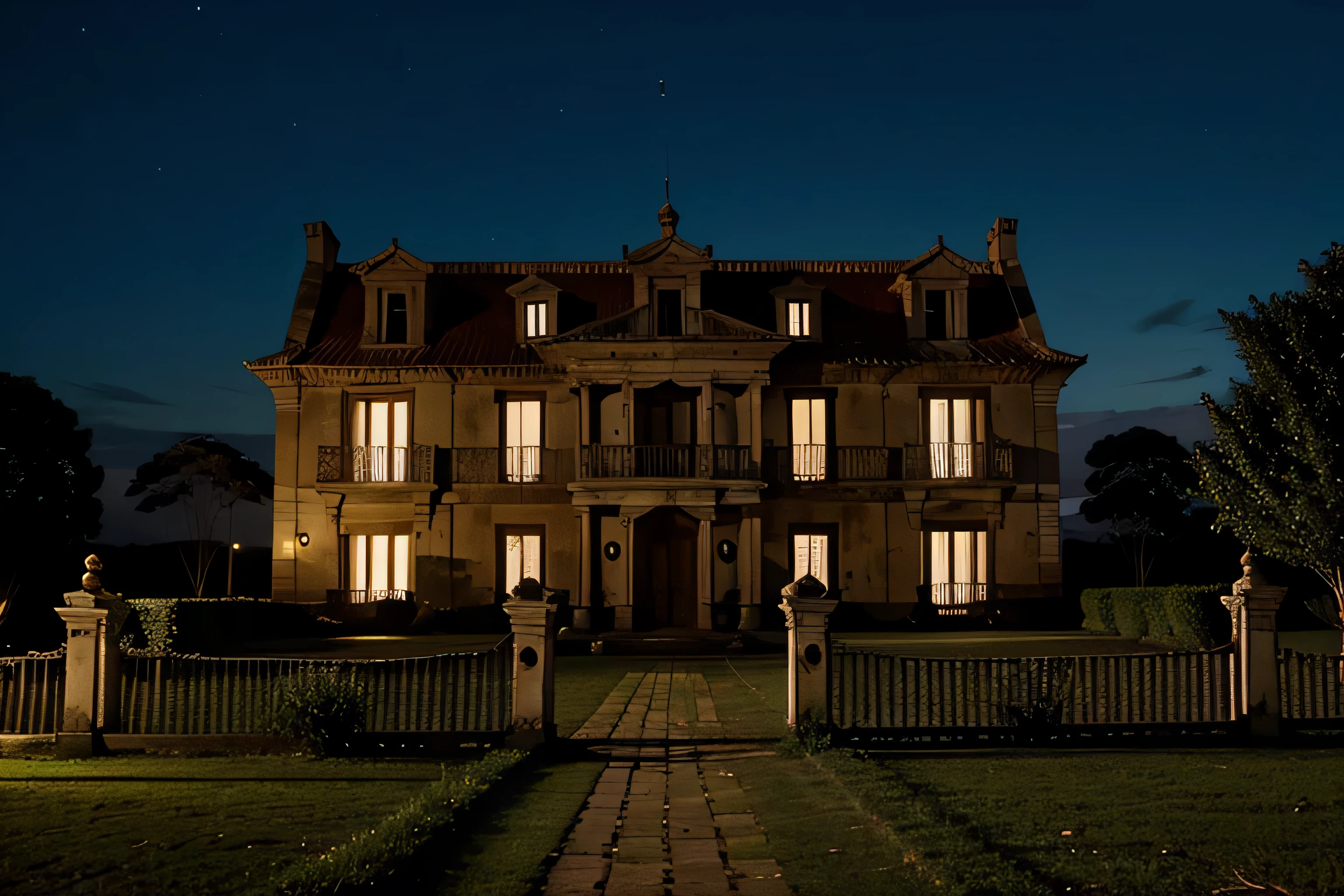 mansion espelusnante embrujada y abandonada, desde afuera, de noche