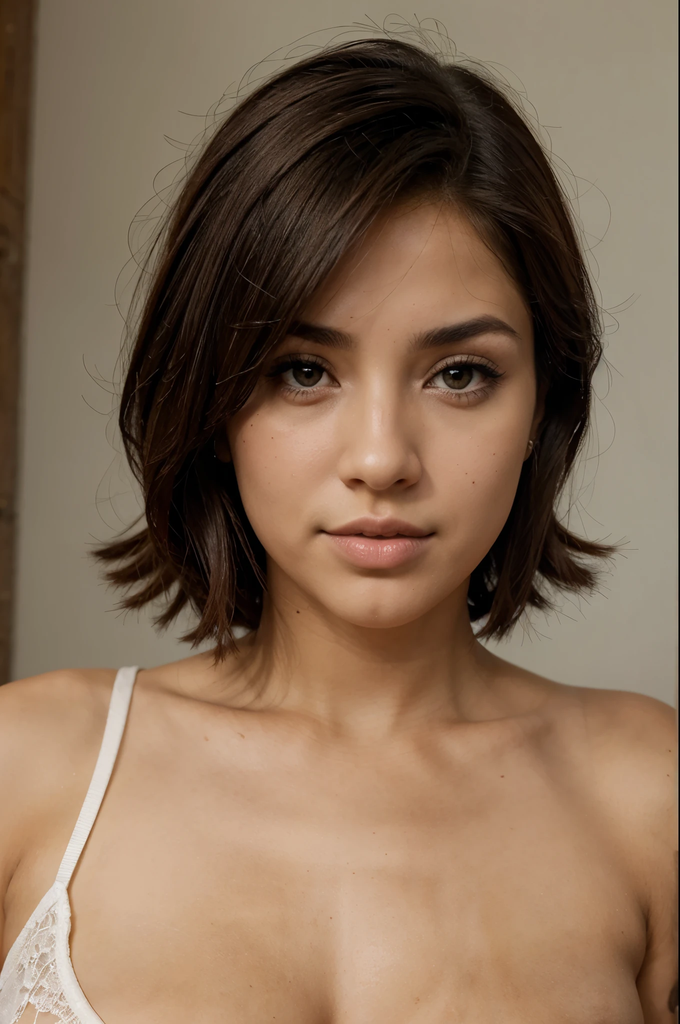 Chica hermosa, ojos claros, pelo corto, hermoso labios, panoramic photo, sin ropa