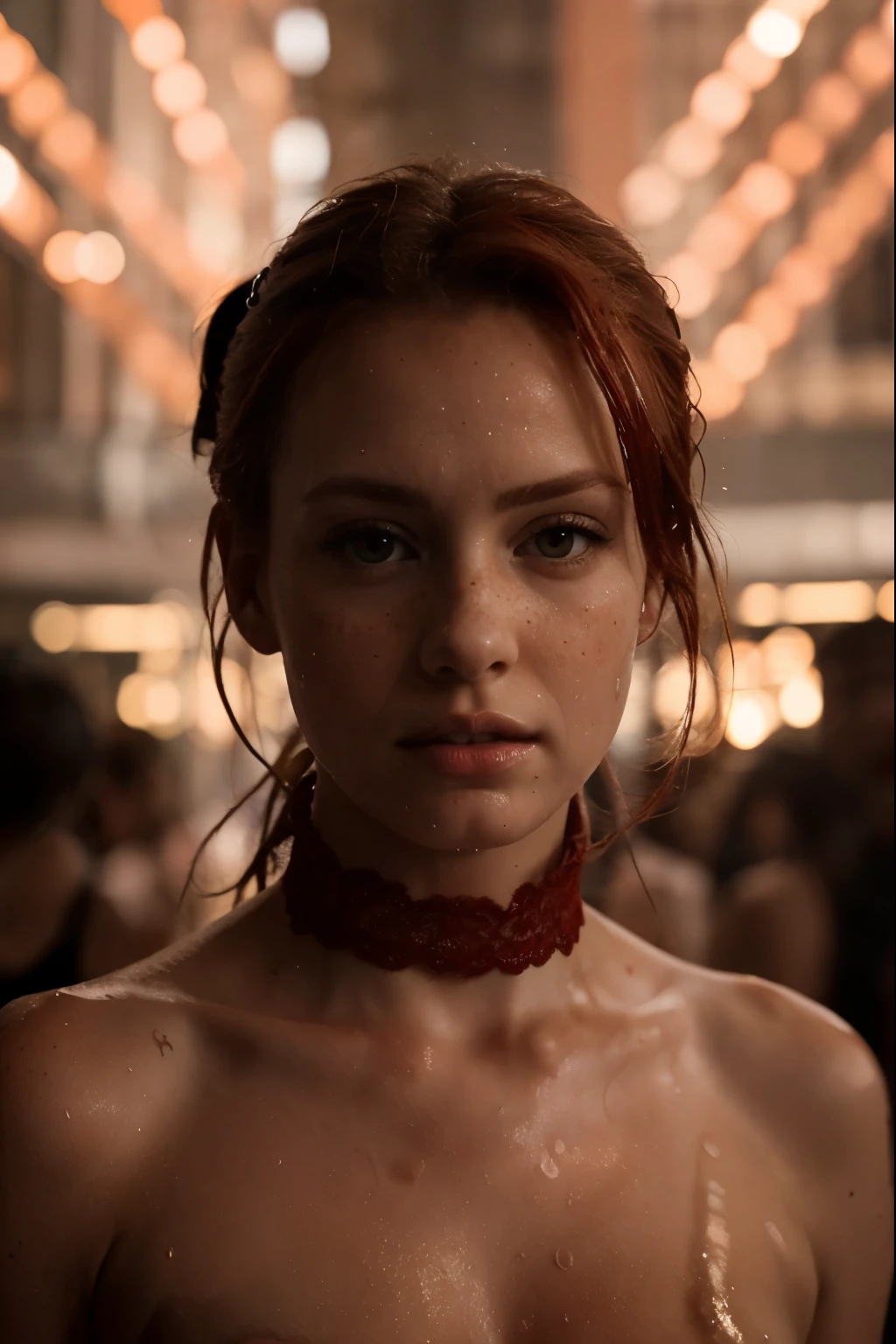 full body pose, only in small red translucent underwear with lace, collar, (Cheryl Blossom face), posing, at the round window, frightened facial expression, redhead, many freckles on the body, skinny body, (freckles on the face), wet body, wet hair, pubic hair, white skin color, detail face, detail backgrounds little blur, reflection from wet, not much light on models, light orange lights, correct shadows, HDR, photo realistic, professional photo, modelshoot