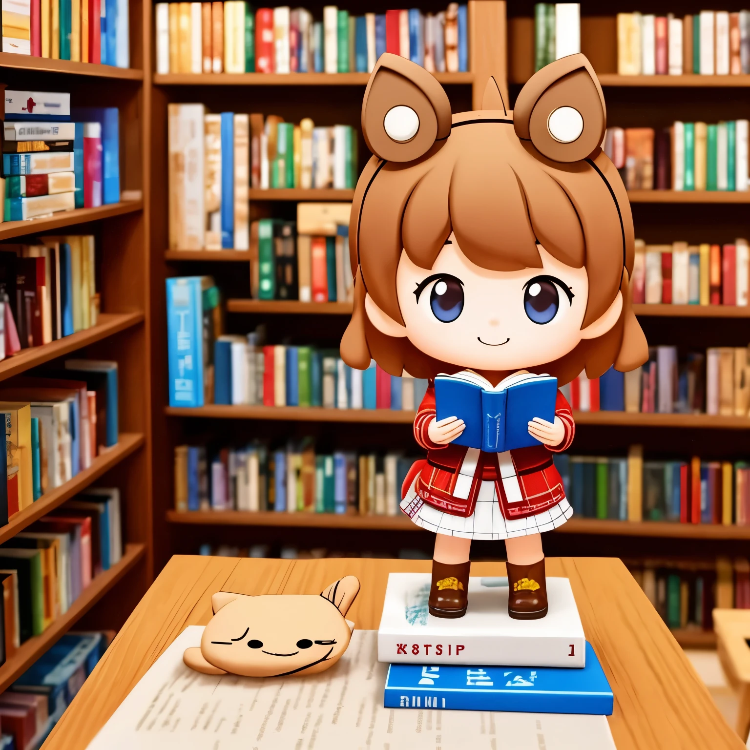 Photoreal、Chibi girl picking up and reading a picture book at a bookstore、smile