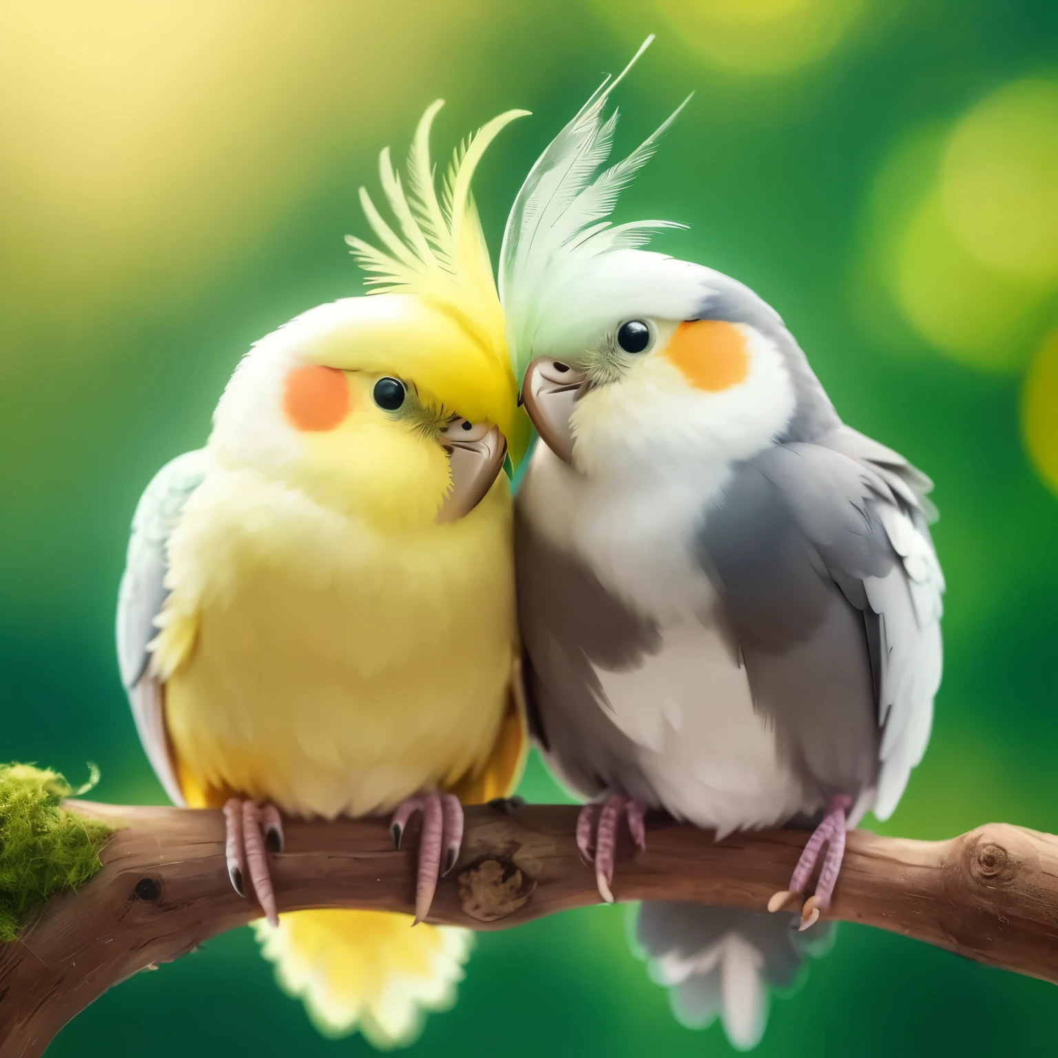 two birds sitting on a branch with green moss background, Adorable and cute, lovely couple, lindo e fofo, cute and adorable, colorful birds, ah, animais fofos, birb, So cute, criaturas fofas, pet bird, cute and adorable, tropical birds, hugging each other, apaixonado, cute colorful adorable, birds in the sunlight