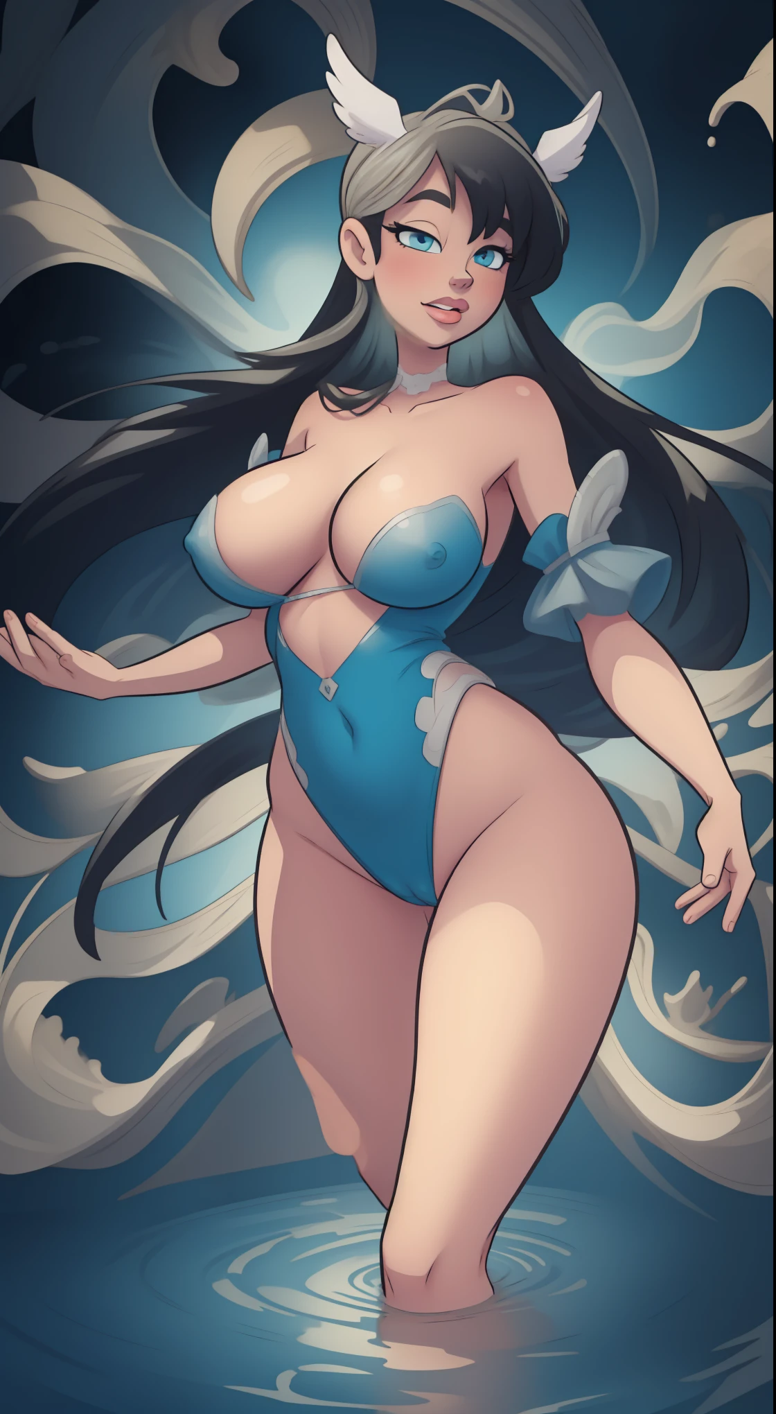 Full body, equally beautiful anime style girl, (beautiful and delicate eyes), delicate blue eyes, water ripples, 20 years old, sexy theme, high detail, perfect face shape, perfect body, oversize model, mature woman, tall long legs, super huge breasts, ,8k ,