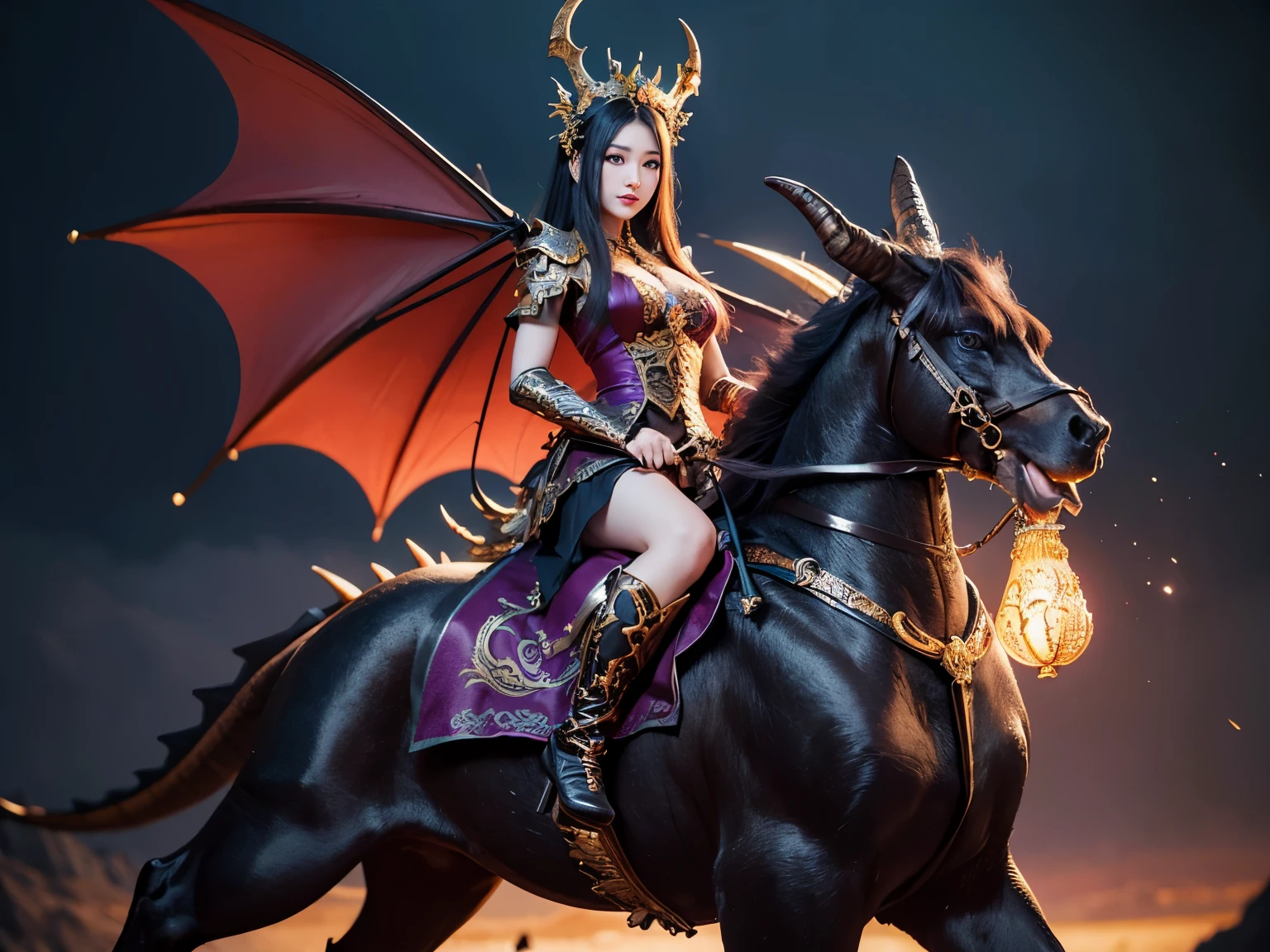 A dragon princess who rides a gigantic Kirin.,( absurdly,high quality , Super detailed),(See photographer ), black dragon queen,Detailed and beautifully colored dragon costume,fantasy world dragon background
