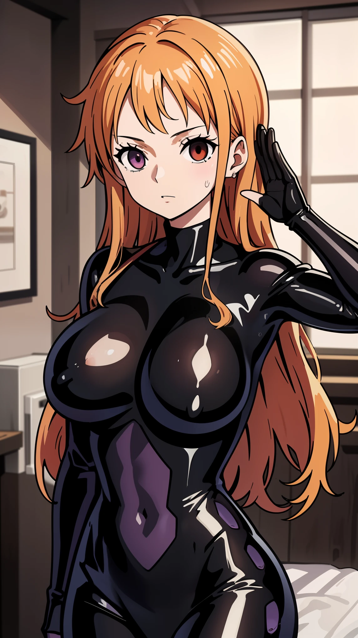 1 girl,NSFW,Nami ,(ONE PIECE),clavicle, absurd, brainwashing,empty eyes,((Eyes glowing purple)),  (huge breasts 1.2), No expression, Emotions removed,(black latex tight bodysuit),look away , 全身shape, ((stand up, salute)),(highest quality、4k、8k、High resolution、must have:1.2)、Super detailed、(reality、reality的なです、reality的な:1.37)、ticker、hyper hd、studio lighting、ultra definition paint、sharp focus、Physically based rendering、extreme details、Professional specifications、vibrancy and color、blurry、sports portrait、landscape、horror style、anime big breasts、SF、photograph、concept artist、five fingers, perfect body,  {{{masterpiece}}}, {{{highest quality}}}, {{Super detailed}}, {shape}, {{very delicate and beautiful}},Improved cost performance、all roles、Canon 5D MK4でphotograph、photograph, 