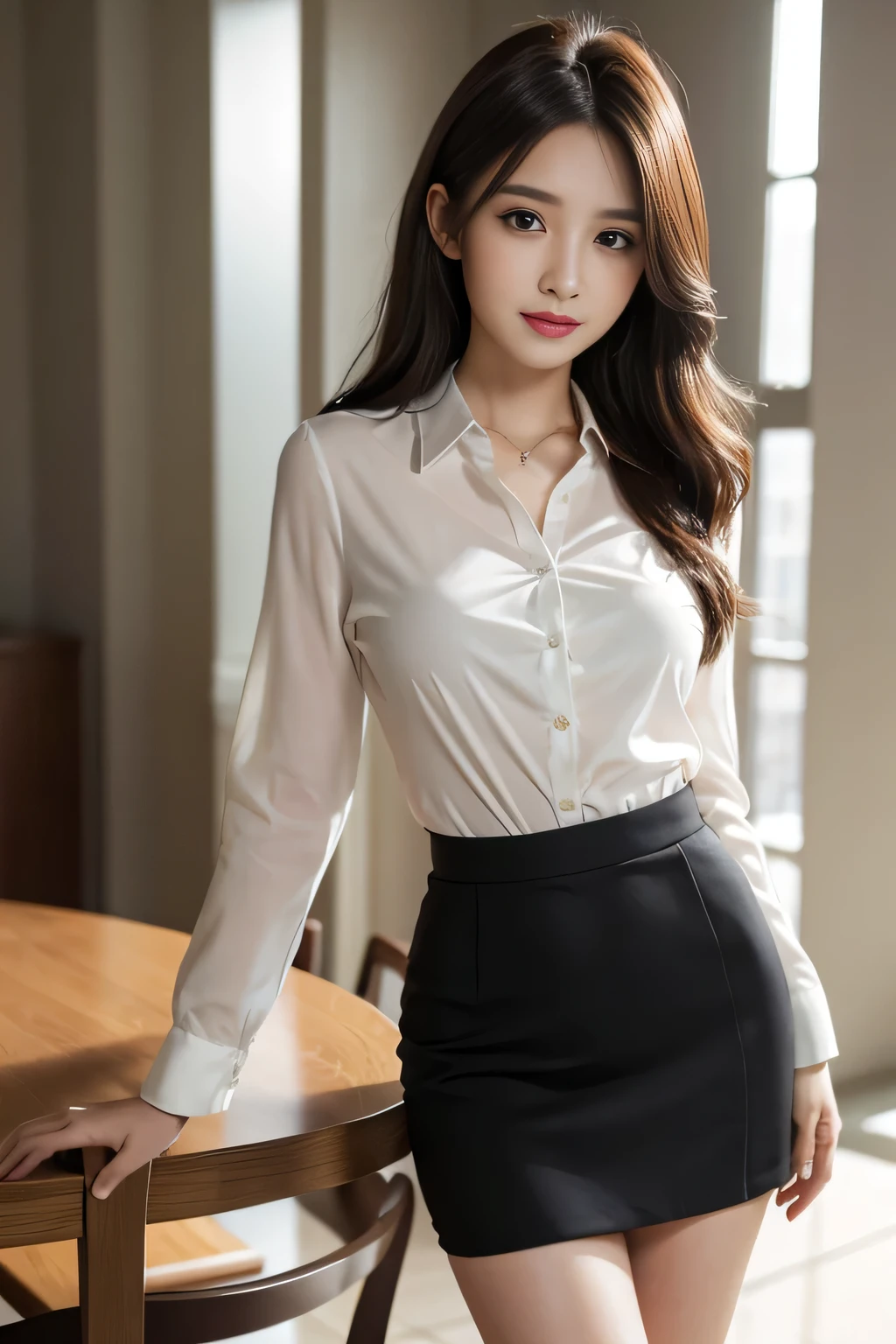 table top, highest quality, realistic, Super detailed, finely, High resolution, 8k wallpaper, 1 beautiful woman,, light brown messy hair, He is wearing a black see-through dress shirt with an open collar...., sharp focus, perfect dynamic composition, beautiful and detailed eyes, thin hair, Detailed realistic skin texture, smile, close-up portrait, model body shape、president'secretary of、mini skirt、high heels、whole body、suit