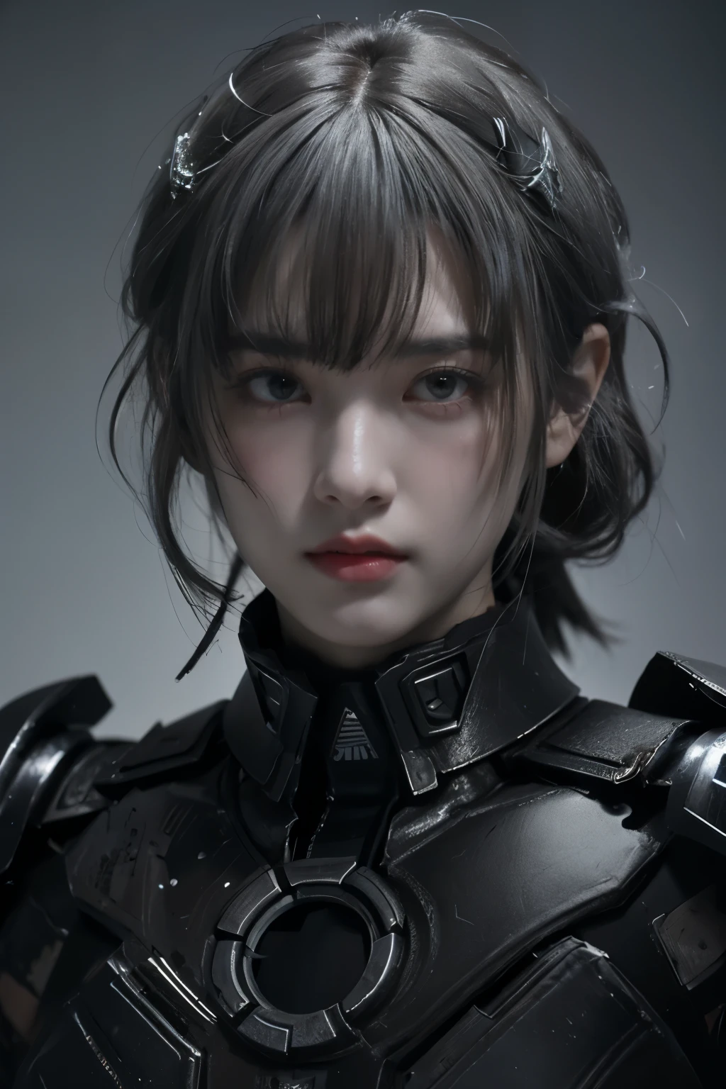 Masterpiece,Game art,The best picture quality,Highest resolution,8K,(Portrait),Unreal Engine 5 rendering works,(Digital Photography),((Portrait Feature:1.5)),
20 year old girl,Short hair details,With long bangs,(The red eye makeup is very meticulous),(With long gray hair:1.4),(Large, full breasts),Elegant and noble,Brave and charming,
(Future armor combined with the characteristics of ancient Chinese armor,Hollow design,Power Armor,The mysterious Eastern runes,A delicate dress pattern,A flash of magic),Warrior of the future,Cyberpunk figures,Background of war,
Movie lights，Ray tracing，Game CG，((3D Unreal Engine))，OC rendering reflection pattern