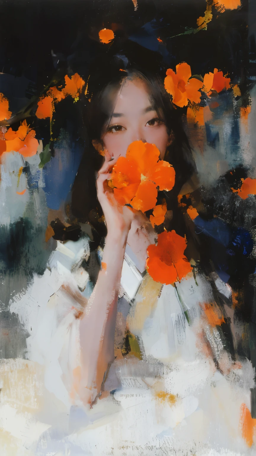 Drawing of a woman with orange flowers in her hair, By Lin Liang, By Yang J, By Zhou Zhe, Guweis&#39;s masterpiece, By Li Song, By Zhang Han, By Ren Yong, By Liang Kai, By Tang Yifen, By Andrew Law, Artwork in the style of gouache, By Li Shida, By Xia He