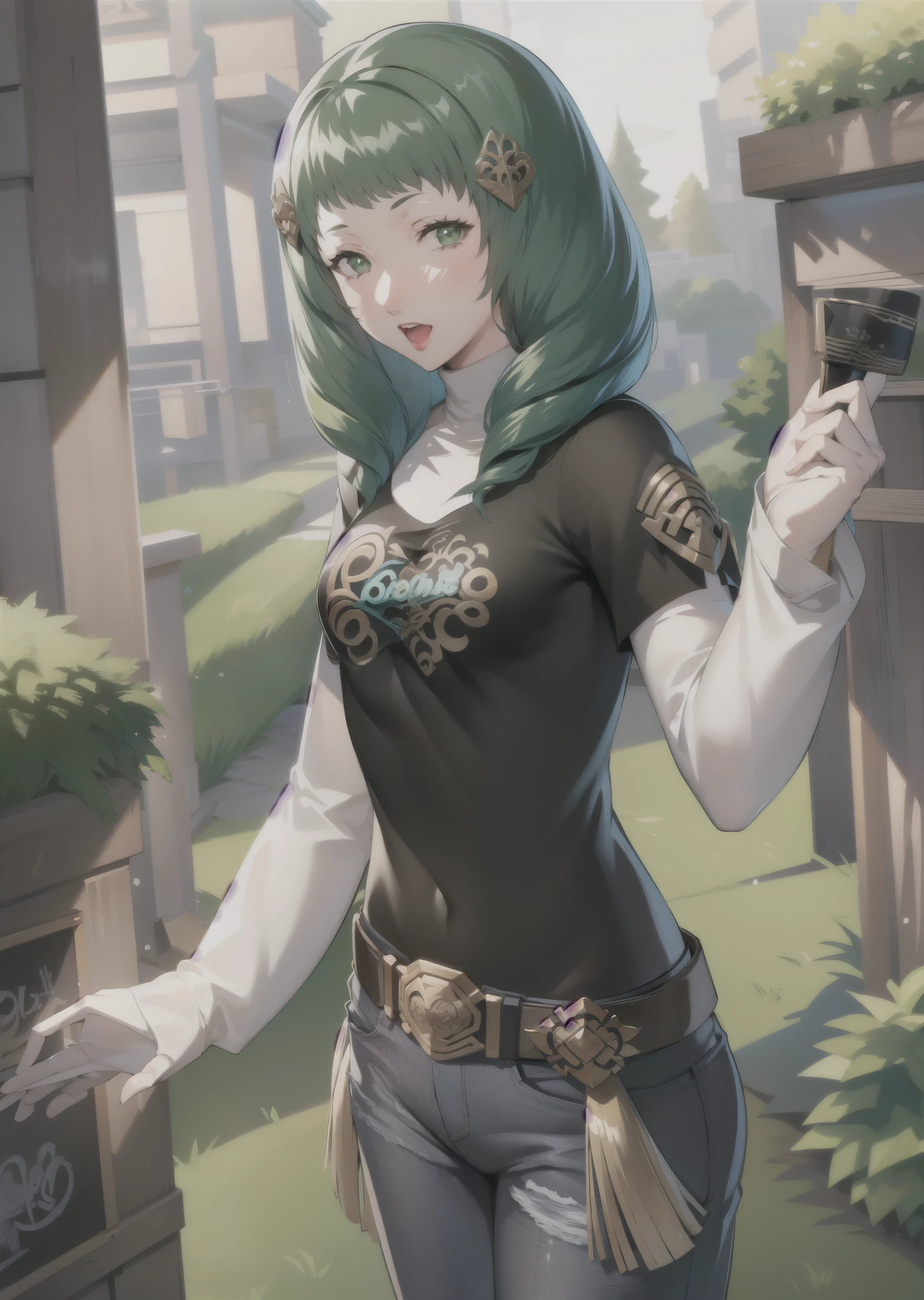 masterpiece, best quality, flayn, hair ornaments, 1girl, solo, standing, black t-shirt, white shirt, jeans, belt, lipstick, eyewear on head,