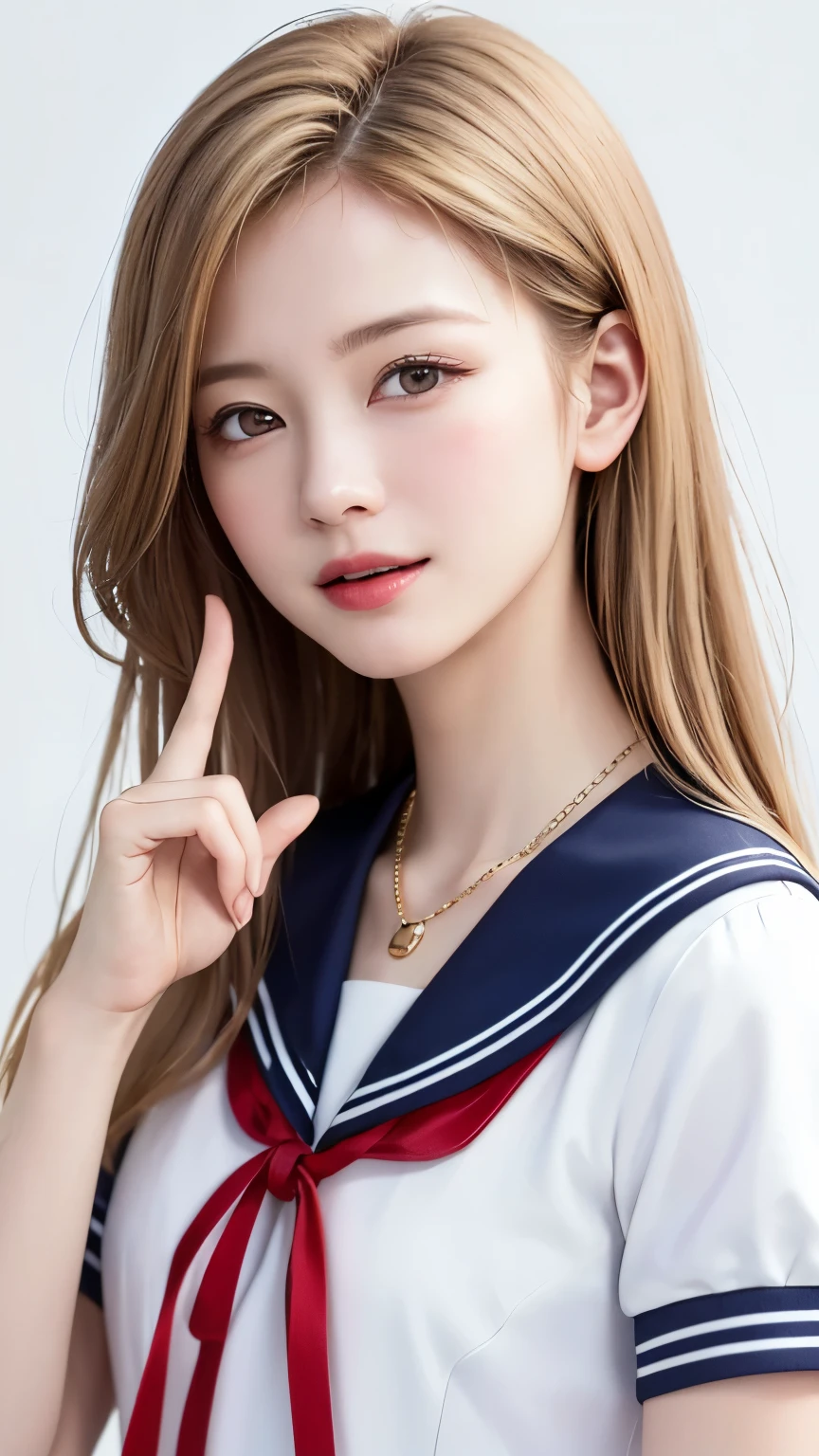 (highest quality、8k、32K、masterpiece)、(RAW photo)、(realistic)、(Photoreal:1.2)、(High resolution)、Super detailed、very beautiful face and eyes、1 girl、round and small face、thin waist、delicate body、(highest quality、high detail、rich skin details)、(highest quality、8k、oil paint:1.2)、Super detailed、(realistic、realistic:1.37)、bright colors、(((golden hair)))、(((blonde hair)))、(((Semi-long hair)))、(((This is a stylish hairstyle)))、(((Upper body)))、(((white background)))、(((pure white wall background)))、(((wearing a sailor uniform)))、(((pure white wall background)))、(((It is a sailor suit with short sleeves)))、(((It is a gentle smile)))、(((laughing)))、(((wearing a heart-shaped necklace)))、(((I'm blonde)))、(((The ribbon on the chest is red)))、(((Arms crossed)))、(((I have a naughty face)))、(((I'm licking my own fingers)))
