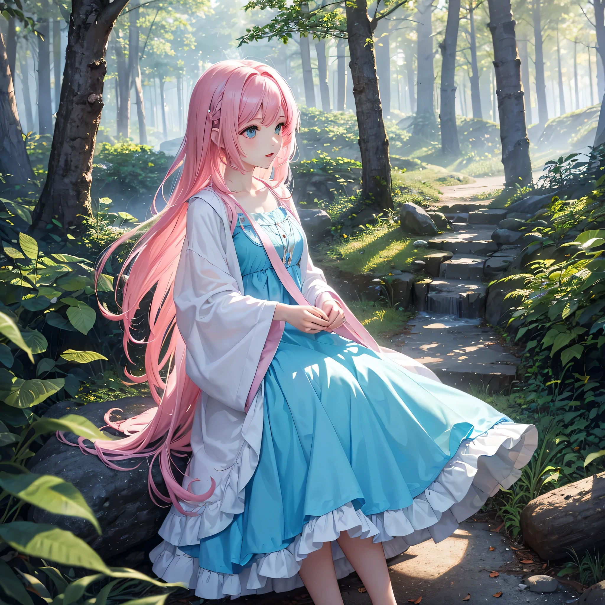 pink hair greeting each other in a light blue magical forest dress  