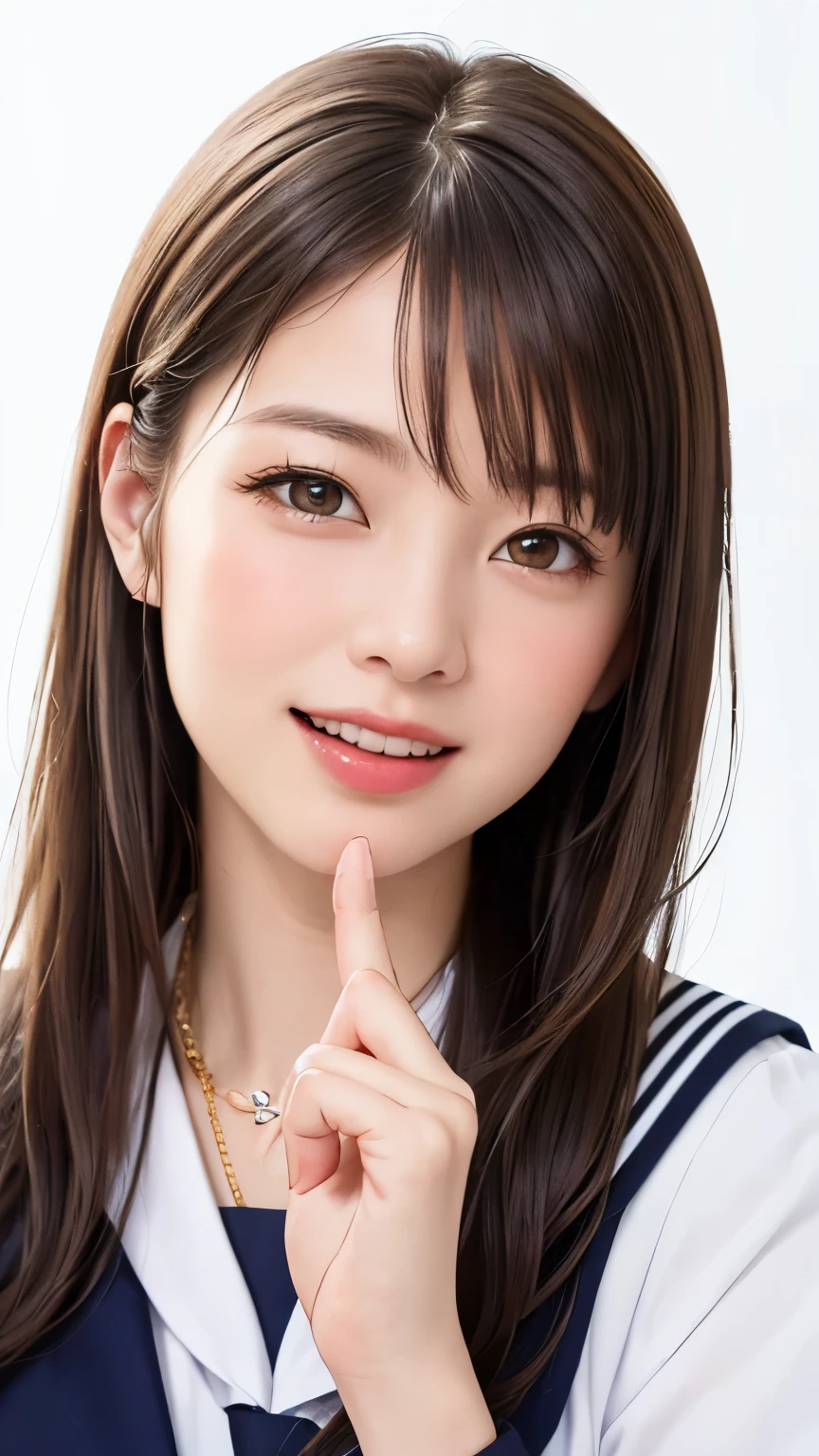 (highest quality、8k、32K、masterpiece)、(RAW photo)、(realistic)、(Photoreal:1.2)、(High resolution)、Super detailed、very beautiful face and eyes、1 girl、round and small face、thin waist、delicate body、(highest quality、high detail、rich skin details)、(highest quality、8k、oil paint:1.2)、Super detailed、(realistic、realistic:1.37)、bright colors、(((golden hair)))、(((blonde hair)))、(((Semi-long hair)))、(((This is a stylish hairstyle)))、(((Upper body)))、(((white background)))、(((pure white wall background)))、(((wearing a sailor uniform)))、(((pure white wall background)))、(((It is a sailor suit with short sleeves)))、(((It is a gentle smile)))、(((laughing)))、(((wearing a heart-shaped necklace)))、(((I'm blonde)))、(((The ribbon on the chest is red)))、(((Arms crossed)))、(((I have a naughty face)))、(((I'm licking my own fingers)))