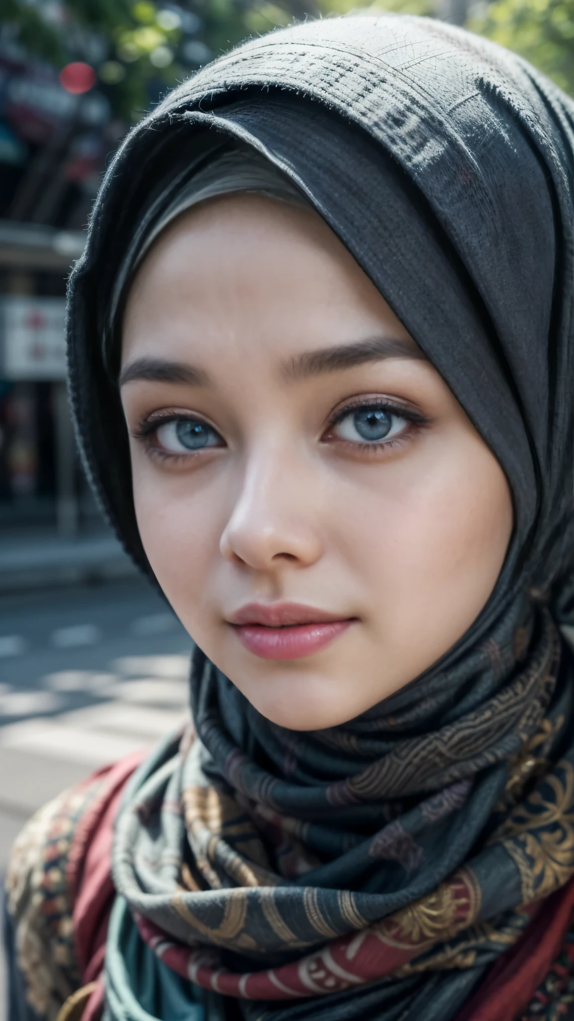 (best quality,4k,highres),vivid colors,close-up,beautiful detailed blue grey eyes,beautiful detailed lips,expressive face, skinice soft face,confident expression,young indonesian muslim woman,simple hijab fashion,colorful background,stylish accessories,striking red shirt,contrast with background,graceful posture,outdoor setting, walking in tokyo,fashionista,proud of her heritage,joyful mood,fashion-forward,girlpower,strong and independent woman,positive attitude,eyebrows on fleek,contemporary fashion,emphasize the eyes,flawless skin,high-quality photography,portrait photography,hijab style inspiration,empowered and elegant,lens flare effect,soft lighting,studio shot,embrace diversity,celebrate individuality,cultural pride, photon mapping, vivid colors, 