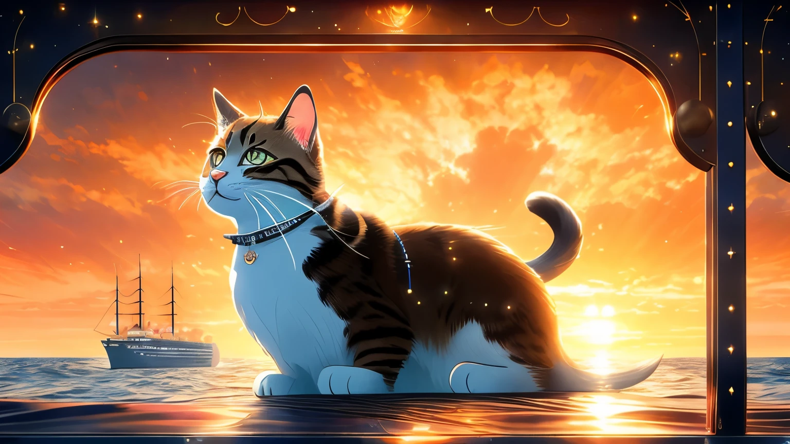 Amidst the grandeur and majesty of the RMS Titanic, a unique feline presence adds an intriguing twist to the historic voyage. A sleek, metal cat with expressive sapphire eyes and irresistible whiskers arrogantly strides the polished deck, its intricately detailed wire tail swaying with every confident step. The cat, a proud cyber creature of 1.2 cyborg level, seems almost out of place against the backdrop of elegant passengers and opulent surroundings.

As the sun sets, casting a warm, orange glow over the ship, the cat pauses to take in the breathtaking view - the ocean stretching endlessly before it, the crystal