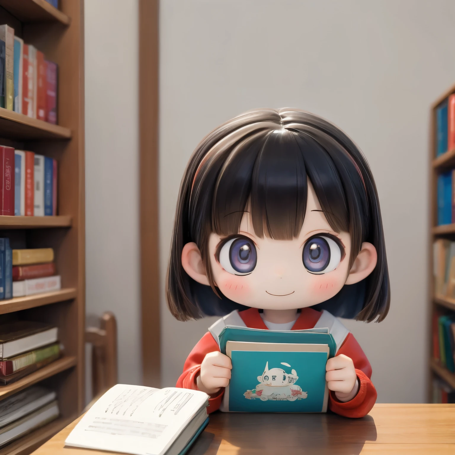 Photoreal、Chibi girl picking up and reading a picture book at a bookstore、smile