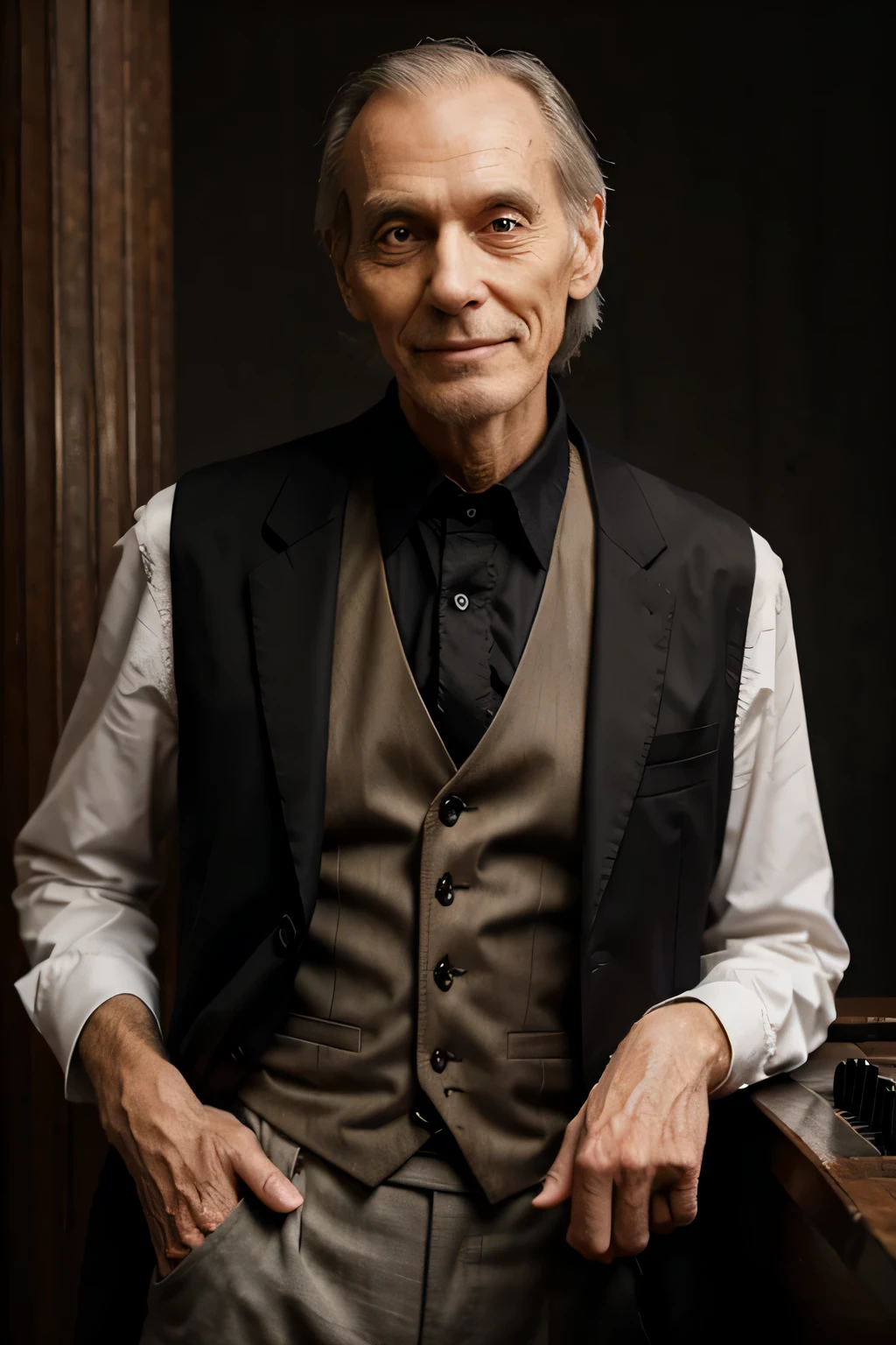 tall skinny old creepy pianist in vest with gloomy smile