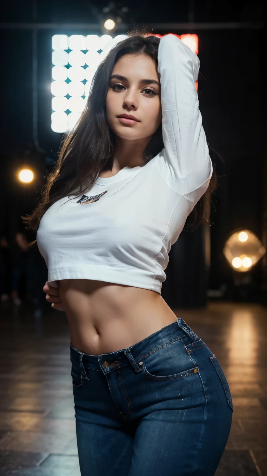 (8k, RAW photo, best quality, masterpiece: 1.2), (realistic, photorealistic: 1.37), 1 girl, European appearance, long hair, beautiful girl, black hair, detailed hair, loose hair, ultra-realistic, athletic figure, beautiful figure, casual clothes, T-shirt, white T-shirt, white sweatshirt, hooded sweatshirt, hollow height, in a nightclub, surrounded by people, dancing, dancing beautifully, focus on the girl, deep neckline, light on the girl, darkness, spotlight, light music, masterpiece, nightclub, dancing, fully dressed, beautiful clothes, best quality, fully dressed, blue jeans, more black, dark, a lot of people around, dancing, T-shirt without lettering