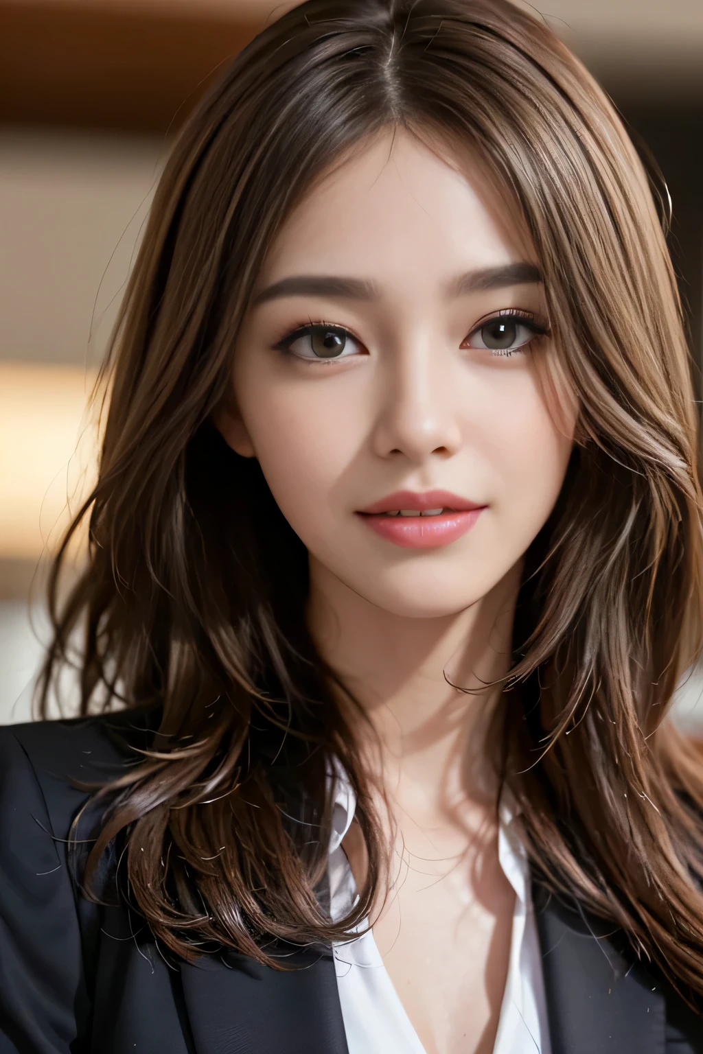 table top, highest quality, realistic, Super detailed, finely, High resolution, 8k wallpaper, 1 beautiful woman,, light brown messy hair, wearing a business suit, sharp focus, perfect dynamic composition, beautiful and detailed eyes, thin hair, Detailed realistic skin texture, smile, close-up portrait, model body shape