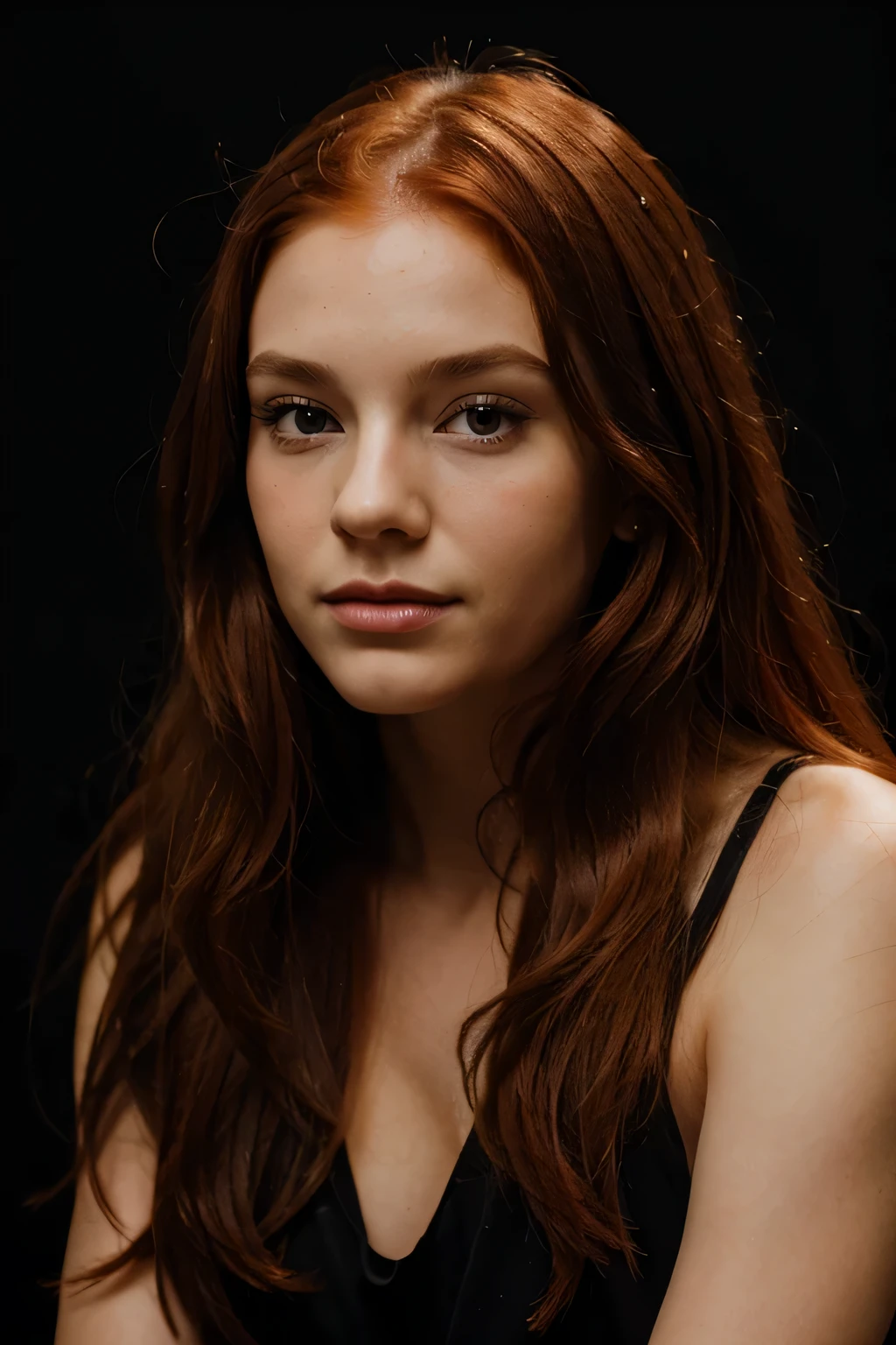 beautiful girl with long red hair portrait simple black background