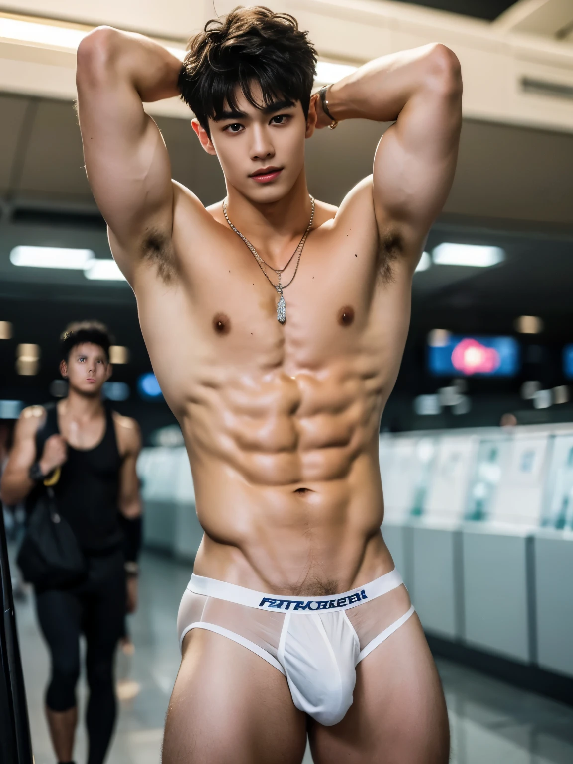 Crowded airport, airport scenery,  Full body photo, Very thin thong, Proudly showing off his sweaty very hairy armpits, completely naked just wearing white thong, wearing necklace in his neck, Boy in the crowded airport, amazing airport scenery,  boy, very young boy, Cinematic soft lighting illuminates a stunningly detailed and ultra-realistic handsome korean male supermodel, ultra messy curly hair, clear honey eyes, captivating perfect smile, sensual, hot man, insanely handsome, showing off his sweaty body, very sixpack muscular body build, slender, toned, full body, 8k, photography, masterpiece, detailed face, detailed eyes, sexy, beautiful abdomen and beautiful legs and a detailed big hard penis, expression of ecstasy, excited, slim, detailed eyes and lips, sixpack and fit body. Image quality is of the highest standard, with ultra-detailed features and a realistic appearance. The colors are bright and vibrant, enhancing the overall aesthetic. The lighting is soft and natural, casting a soft glow on the boy, don't merge body's