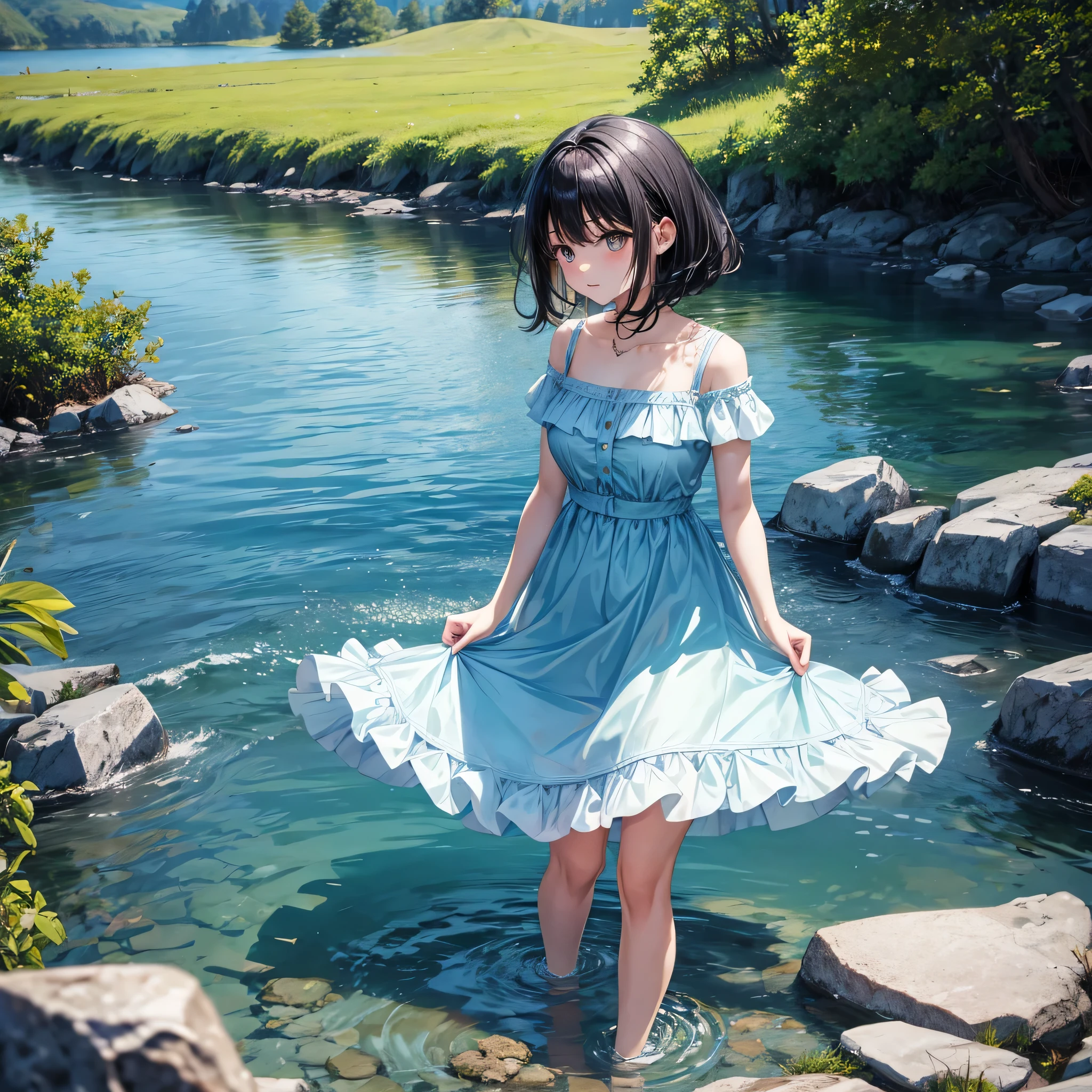 cabelo preto, Vestido azul claro, em um lago