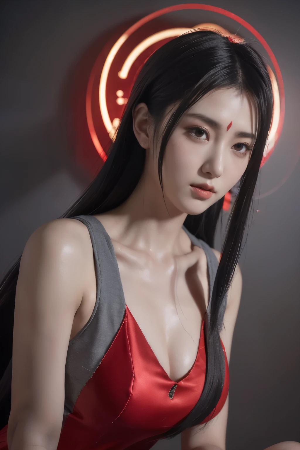 Masterpiece,Game art,The best picture quality,Highest resolution,8K,(Portrait),Unreal Engine 5 rendering works,(Digital Photography),((Portrait Feature:1.5)),
20 year old girl,Short hair details,With long bangs,(The red eye makeup is very meticulous),(With long gray hair:1.4),(Large, full breasts),Elegant and noble,Brave and charming,
(Future armor combined with the characteristics of ancient Chinese armor,Hollow design,Power Armor,The mysterious Eastern runes,A delicate dress pattern,A flash of magic),Warrior of the future,Cyberpunk figures,Background of war,
Movie lights,Ray tracing,Game CG,((3D Unreal Engine)),OC rendering reflection pattern