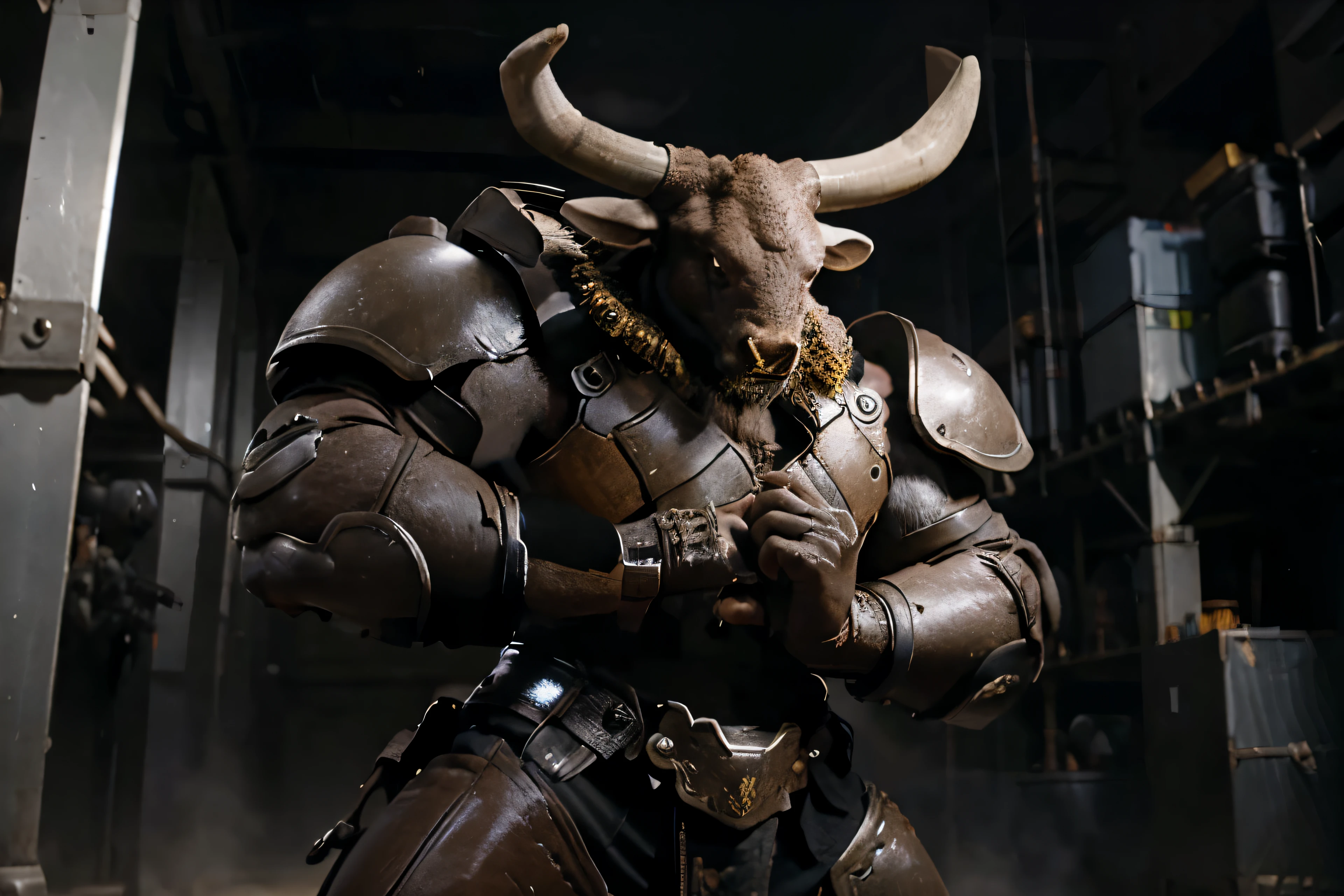 ((a minotaur in battle armor standing in a Fist in Hand pose)), full body, Fist in Hand, Minotaur in armor, photo realistic, hyper realistic Fist in Hand Minotaur pose, best, masterpiece, Fist in Hand gesture