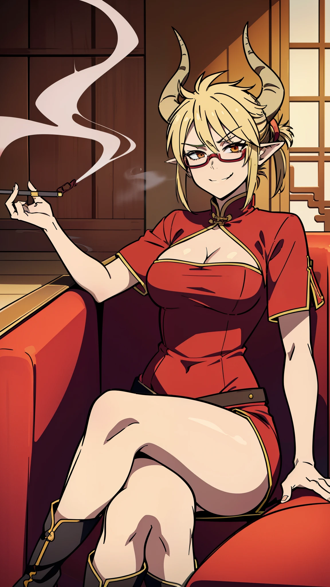 1girl,20s,solo,cleavage,blonde hair, short hair,high ponytail,(((smoking,sitting in aarmchair,smirk,crossed legs, evil smile))),red dress,double bun,bun cover,china dress,chinese clothes,knee boots,short sleeves,((horns)),glasses,