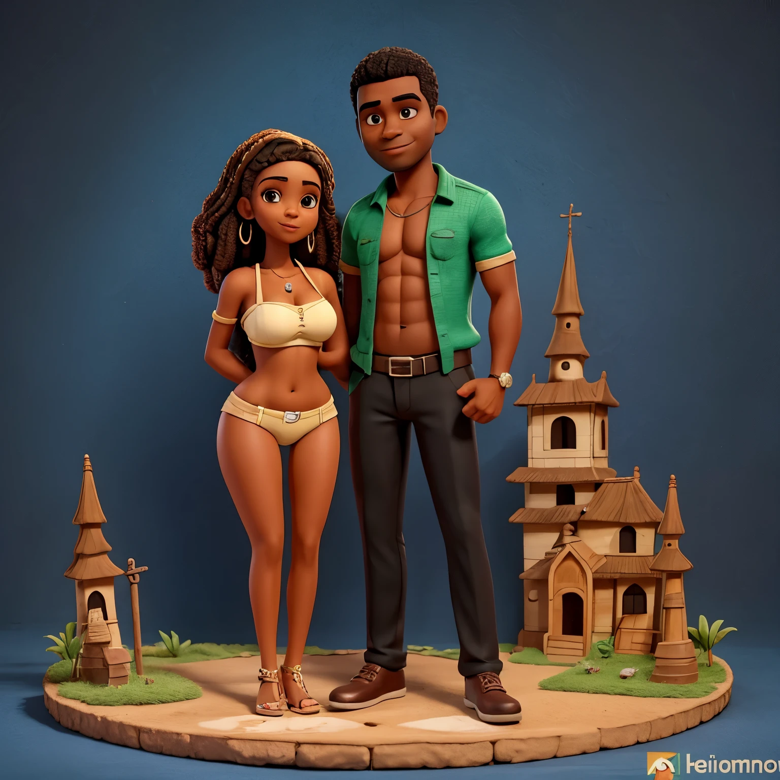 Um casal, duas pessoas, homem , alto magro, mulher branca, baixa estatura, gorda.