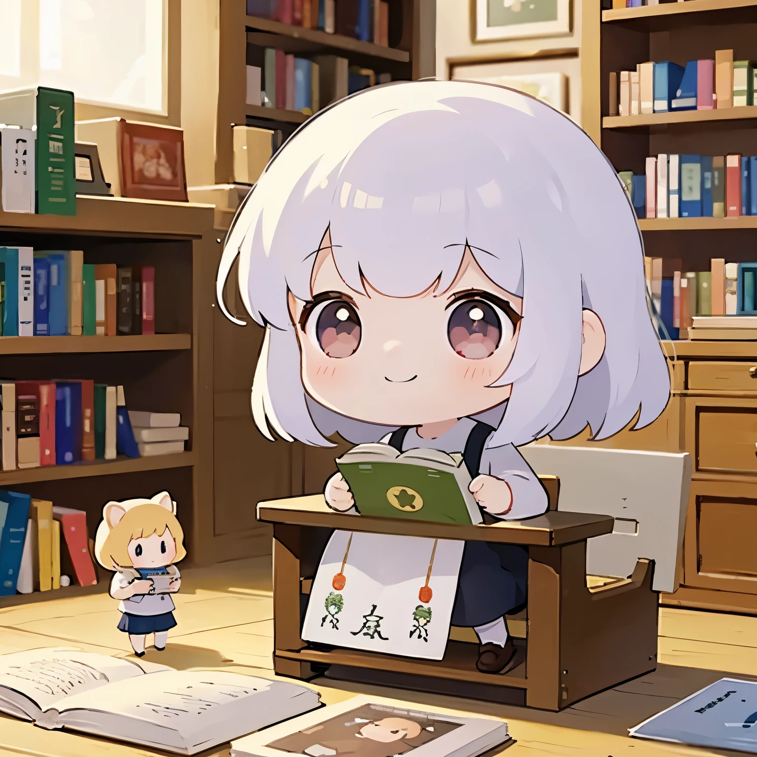 Photoreal、Chibi girl picking up and reading a picture book at a bookstore、smile