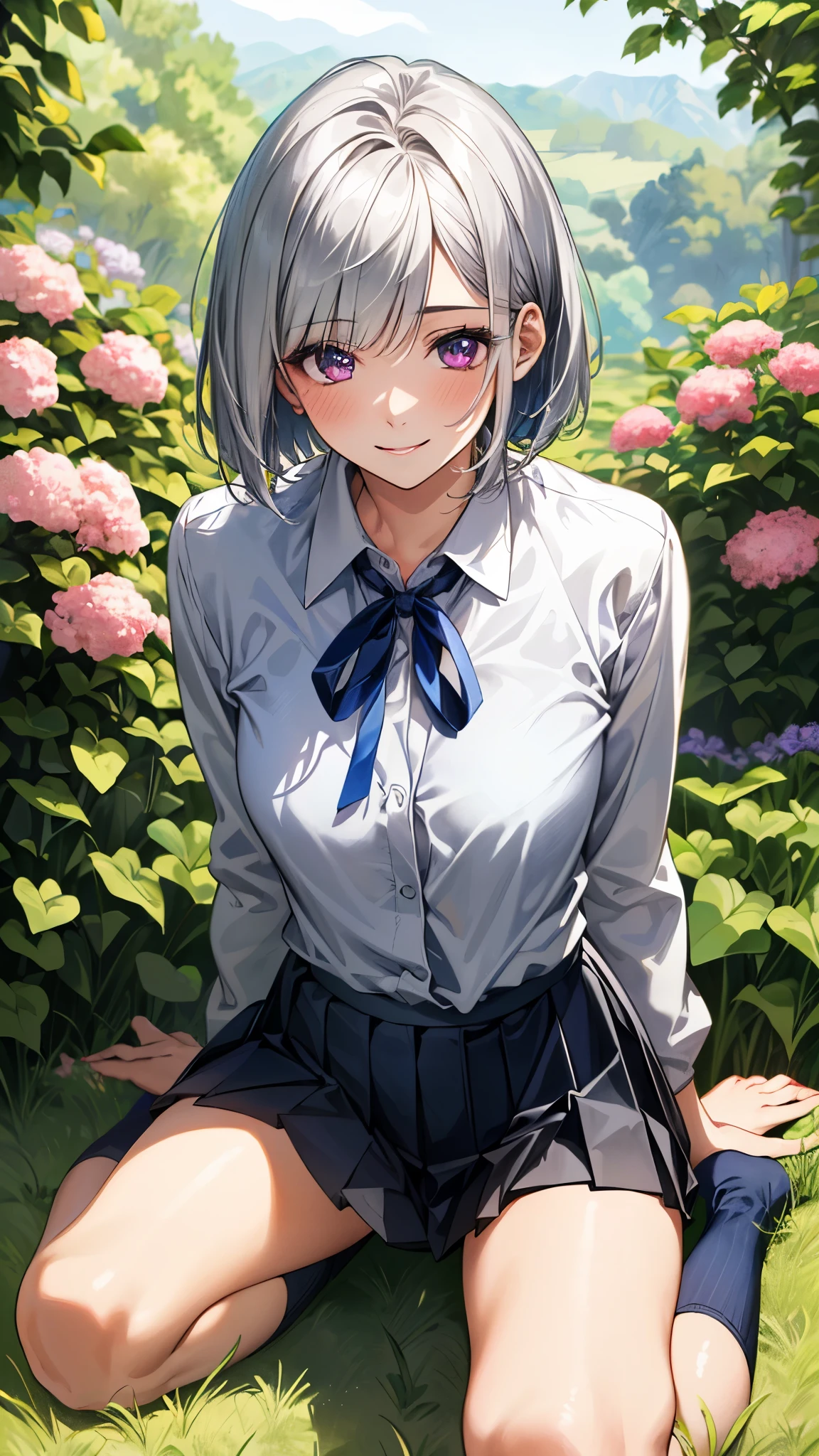 (masterpiece:1.3, top-quality), ultra high res, ultra detailed, (realistic, photorealistic:1.4), beautiful illustration, natural lighting, perfect lighting, , depth of fields, 
looking at viewer, full body, 1 girl, , high school girl, perfect face, (perfect anatomy, anatomically correct), cute and symmetrical face, babyface, suntan, shiny skin, 
(short hair:1.2, bob cut:1.2, silver hair), crossed bangs, purple eyes, long eye lasher, (medium breasts), slender, 
beautiful hair, beautiful face, beautiful detailed eyes, beautiful clavicle, beautiful body, beautiful chest, beautiful thigh, beautiful legs, beautiful fingers, 
((aquamarine cardigan, collared long sleeve white shirt, slategray pleated skirt, navy neck ribbon)), short socks, 
(beautiful scenery), evening, (flower garden), wariza, (lovely smile, upper eyes), 