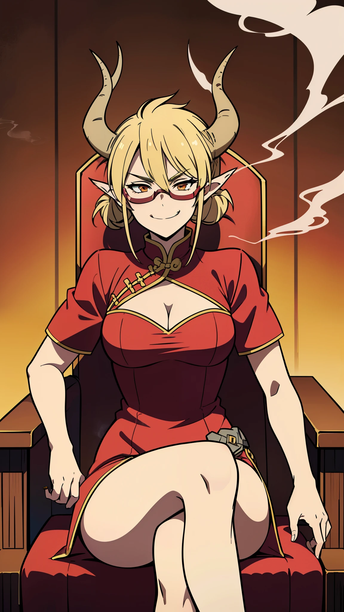 1girl,20s,solo,cleavage,blonde hair, short hair,high ponytail,(((smoking,sitting in aarmchair,smirk,crossed legs, evil smile))),red dress,double bun,bun cover,china dress,chinese clothes,knee boots,short sleeves,((horns)),glasses,