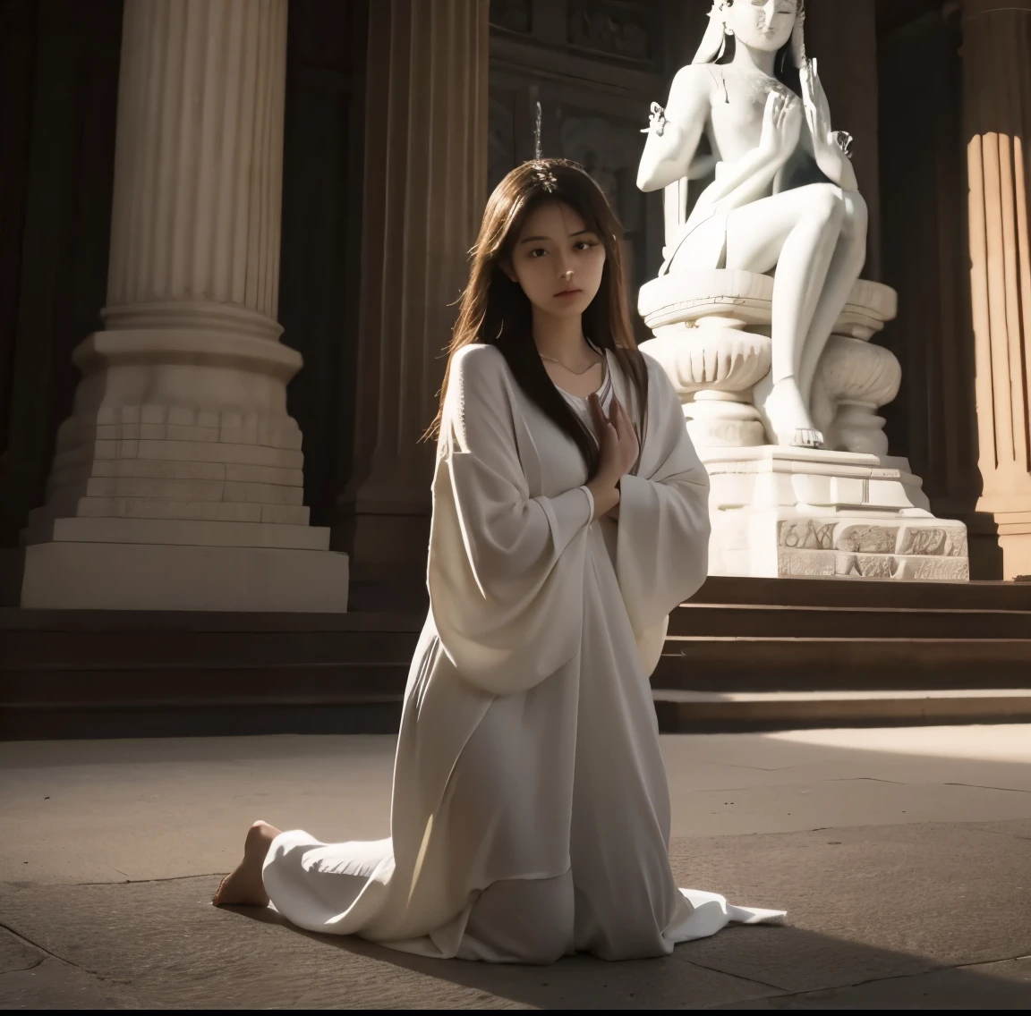 "Create an image of a 20-year-old girl deep in prayer, kneeling respectfully in front of a majestic statue of Lord Shiva. The scene should capture a sense of devotion and spirituality, with soft lighting illuminating the surroundings."