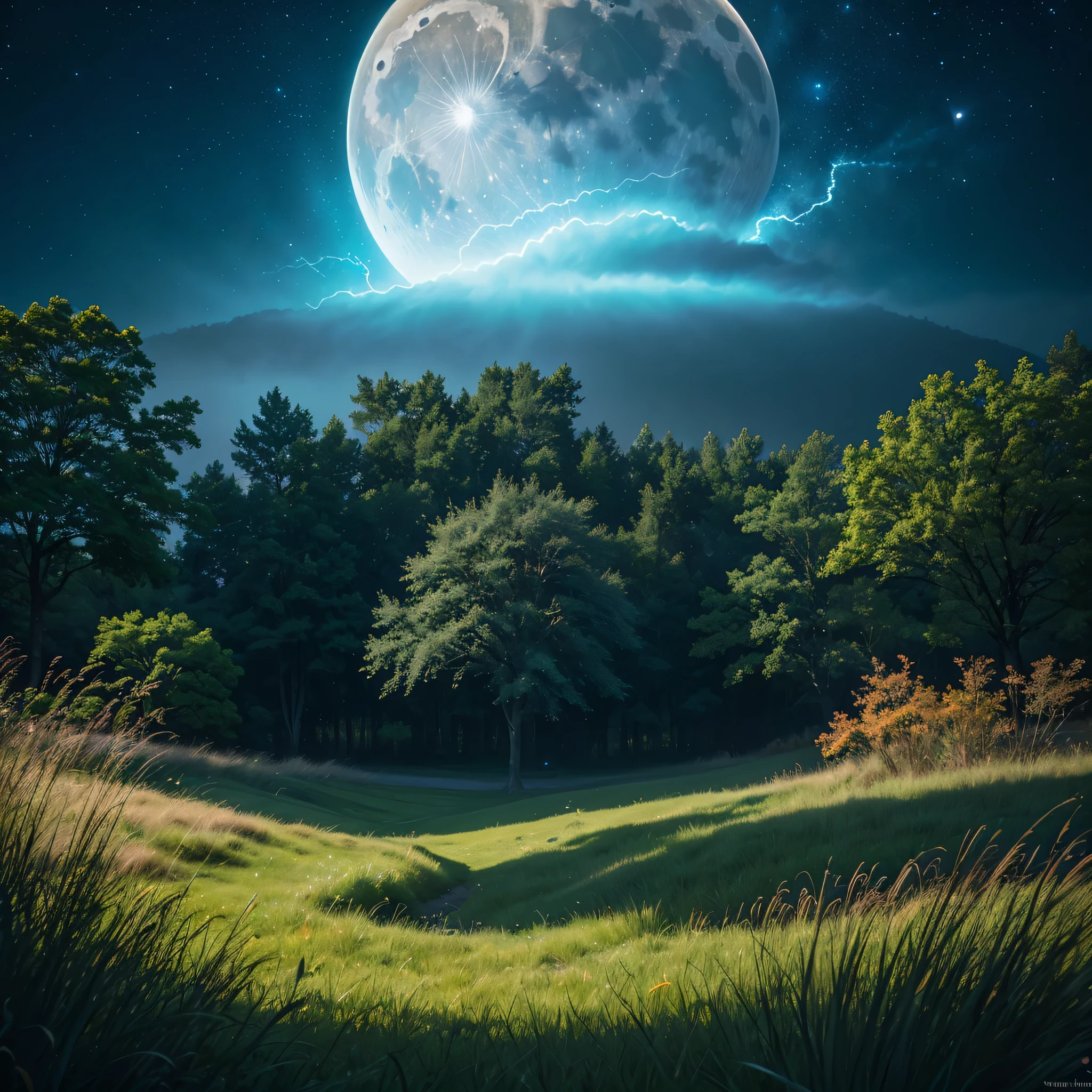 music notes in multicolored splashes of colored liquid on the green grass under the moon , high quality, 8K Ultra HD, high contrast, Yuki Sakura, high detail, very beautiful detailed photo, soft light, ultra-detailed photography, ultra-high quality 8k, high contrast, noise reduction, bright saturated colors, high quality, 8K Ultra HD, high contrast realistic grass, sparks, camera glare, lightning flasheagic dust in the air)) (Fog, nebula, three-dimensional light), a moving galaxy passing by