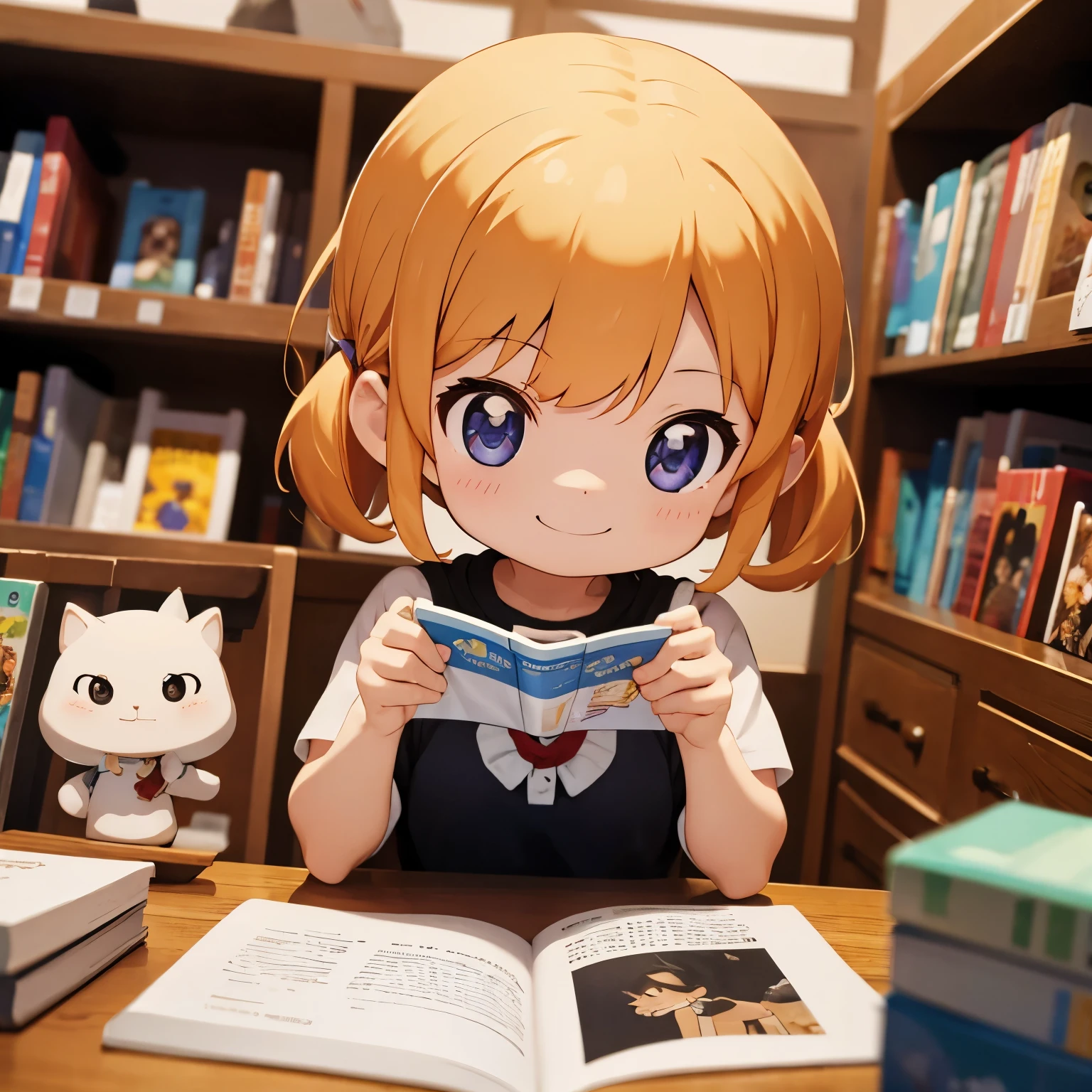Photoreal、Chibi girl picking up and reading a picture book at a bookstore、smile